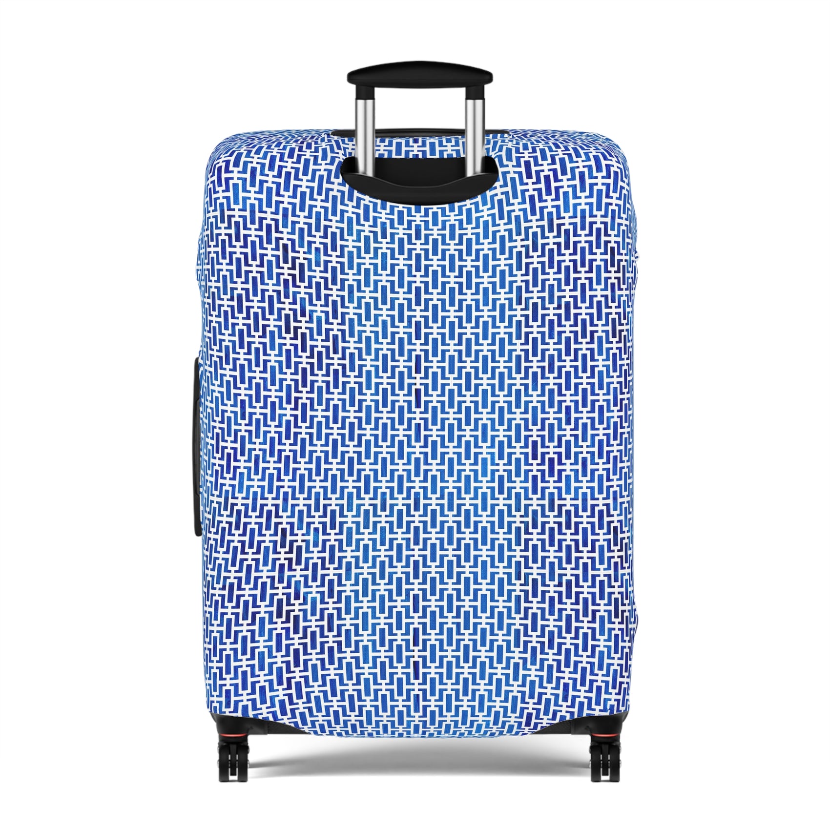 Aegean Passage blue Greek geometric stretch luggage cover with interlocking mosaic pattern