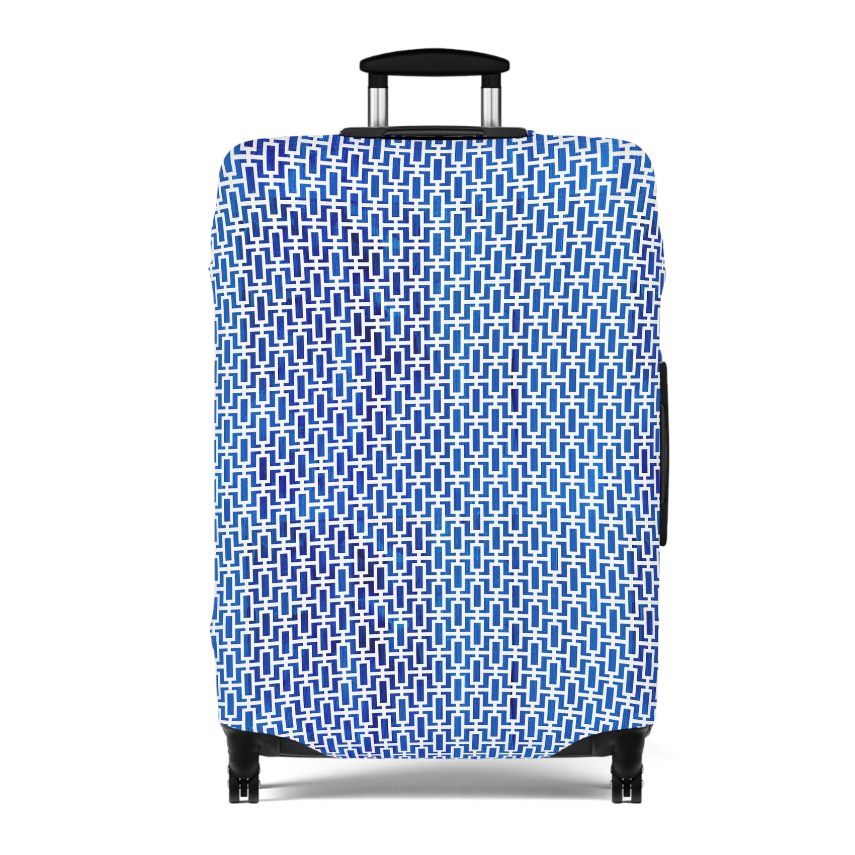 Aegean Passage blue Greek geometric stretch luggage cover with interlocking mosaic pattern