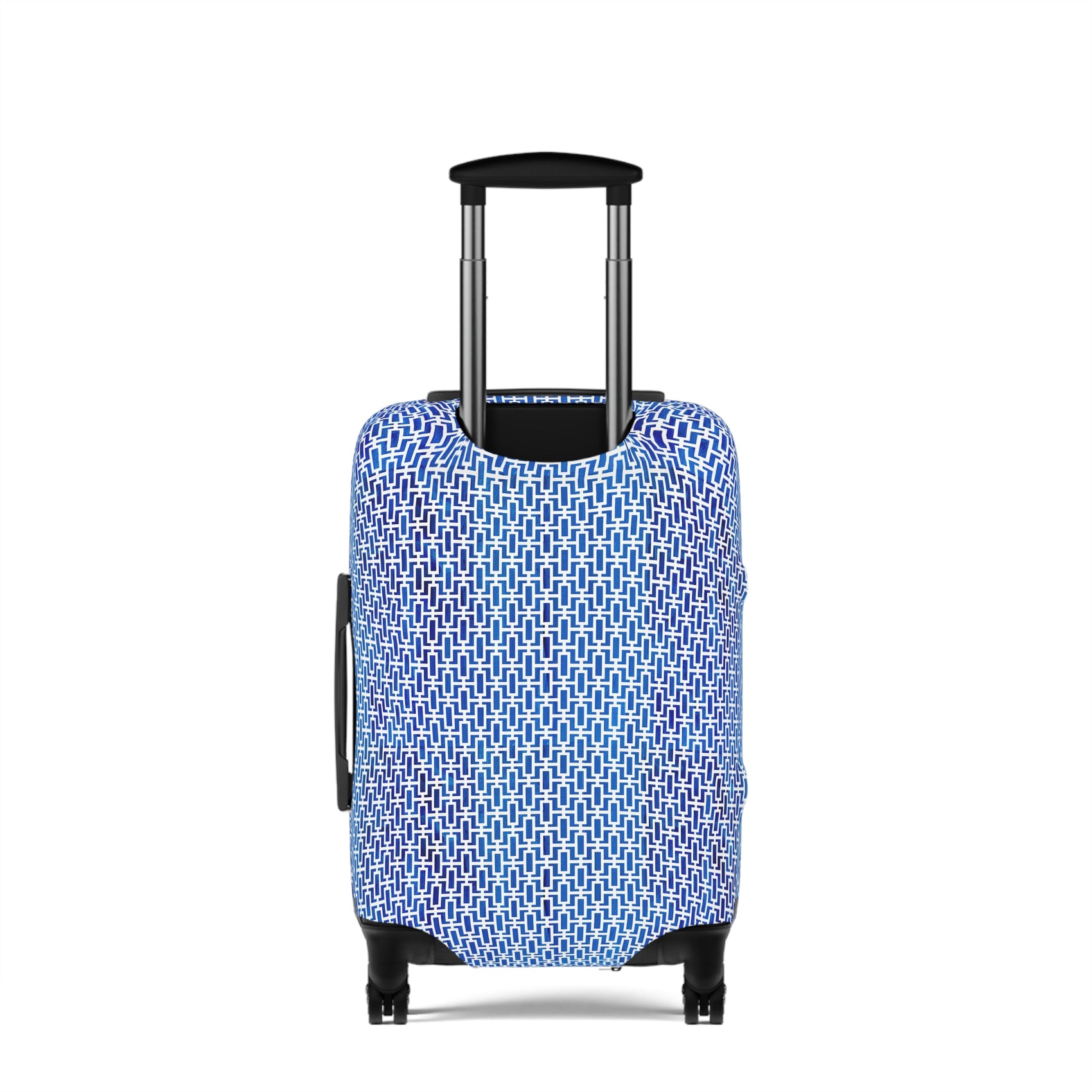 Aegean Passage blue Greek geometric stretch luggage cover with interlocking mosaic pattern