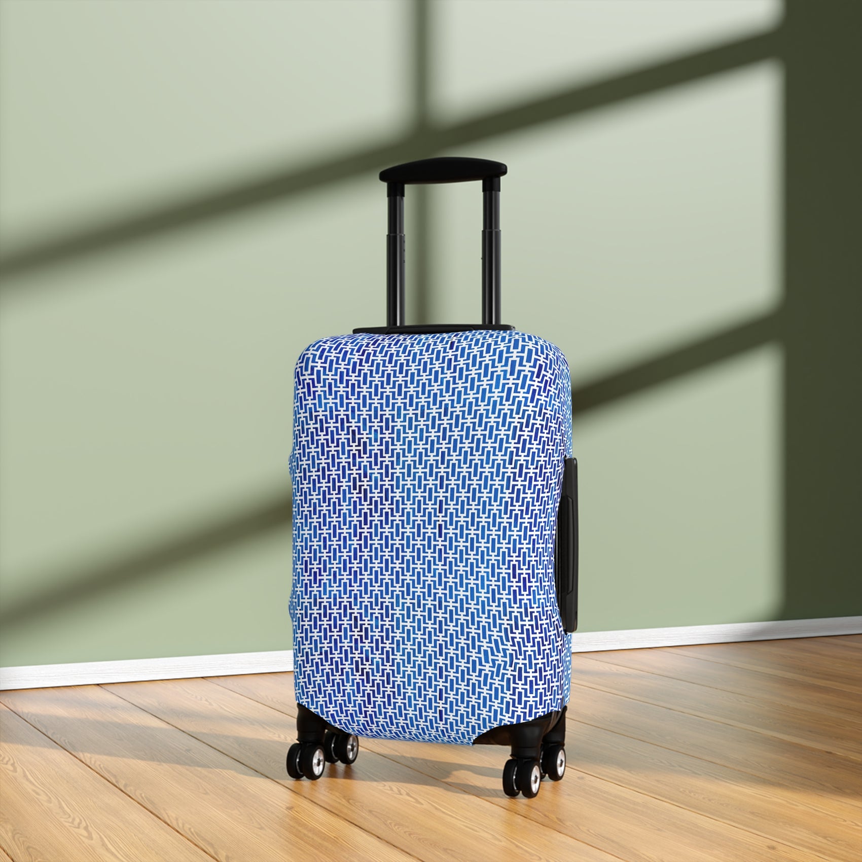 Aegean Passage blue Greek geometric stretch luggage cover with interlocking mosaic pattern