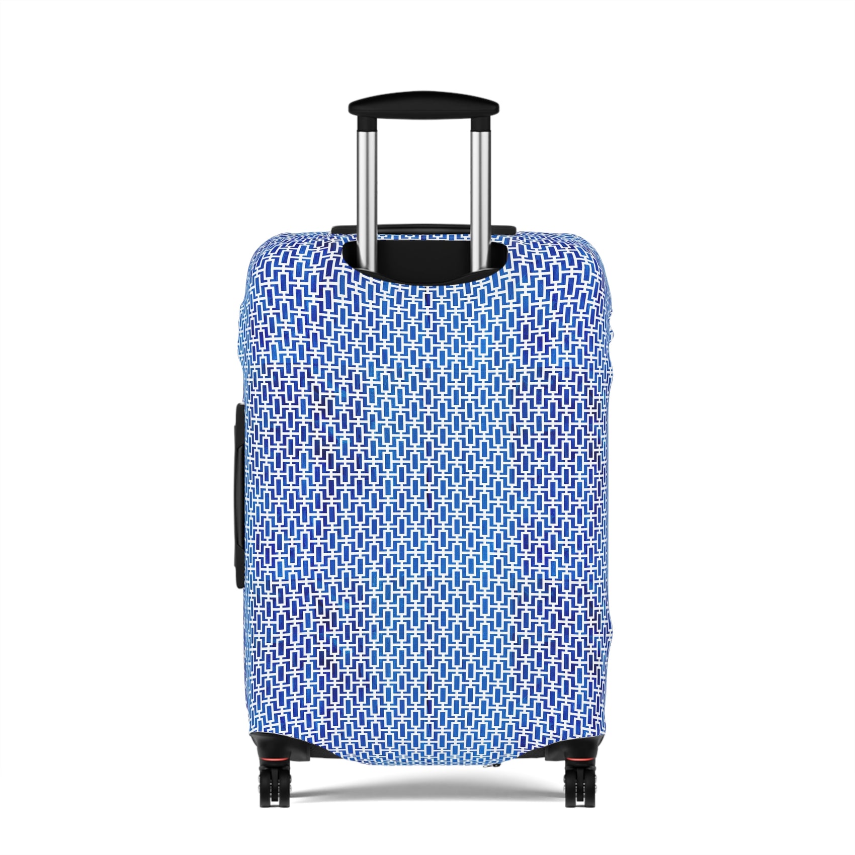 Aegean Passage blue Greek geometric stretch luggage cover with interlocking mosaic pattern