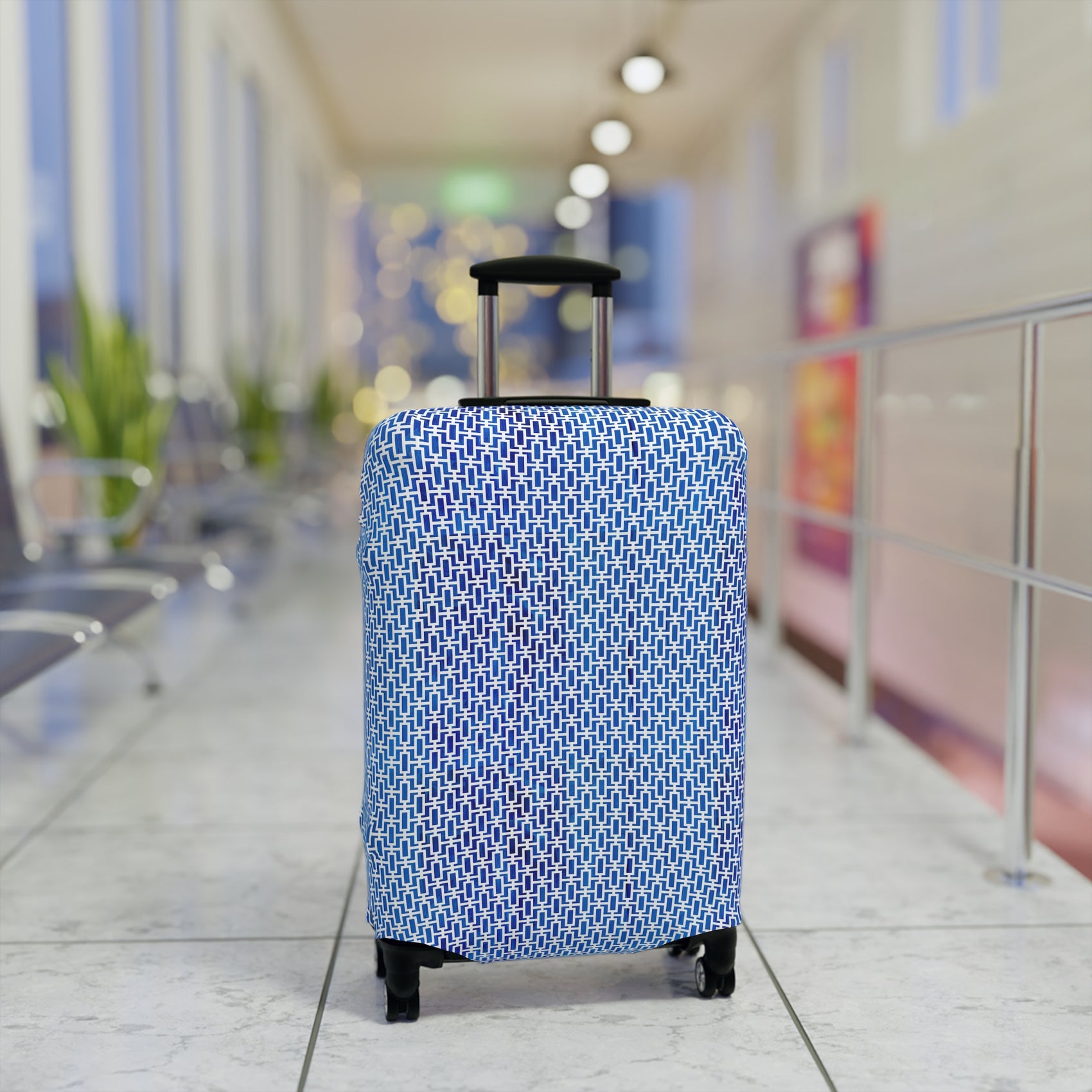 Aegean Passage blue Greek geometric stretch luggage cover with interlocking mosaic pattern