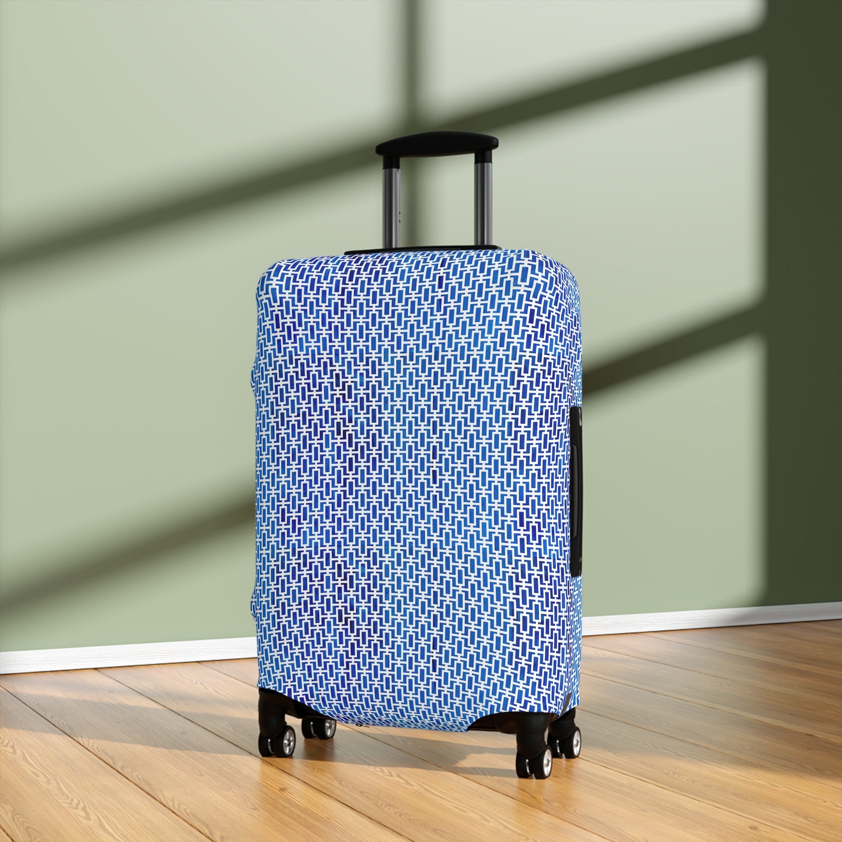 Aegean Passage blue Greek geometric stretch luggage cover with interlocking mosaic pattern