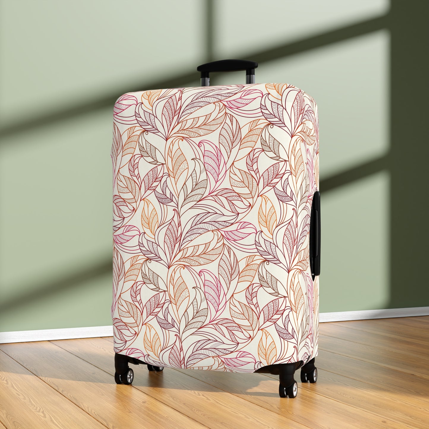 Andalusian Botanica terracotta botanical stretch luggage cover with flowing leaf pattern on rolling suitcase