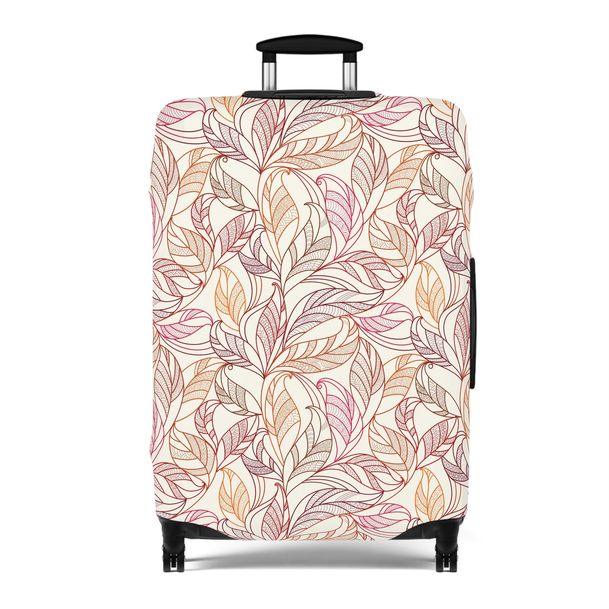 Andalusian Botanica terracotta botanical stretch luggage cover with flowing leaf pattern on rolling suitcase