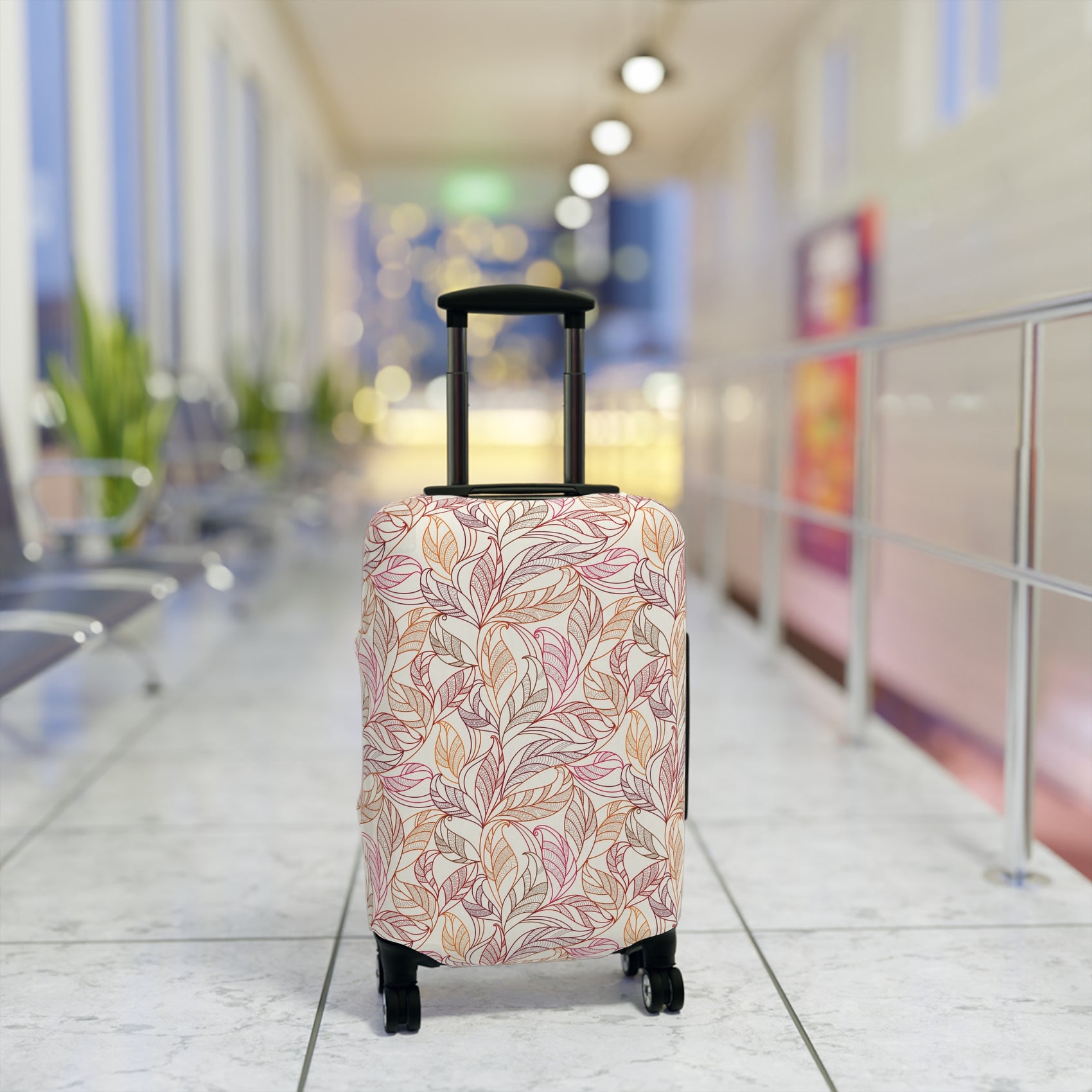 Andalusian Botanica terracotta botanical stretch luggage cover with flowing leaf pattern on rolling suitcase