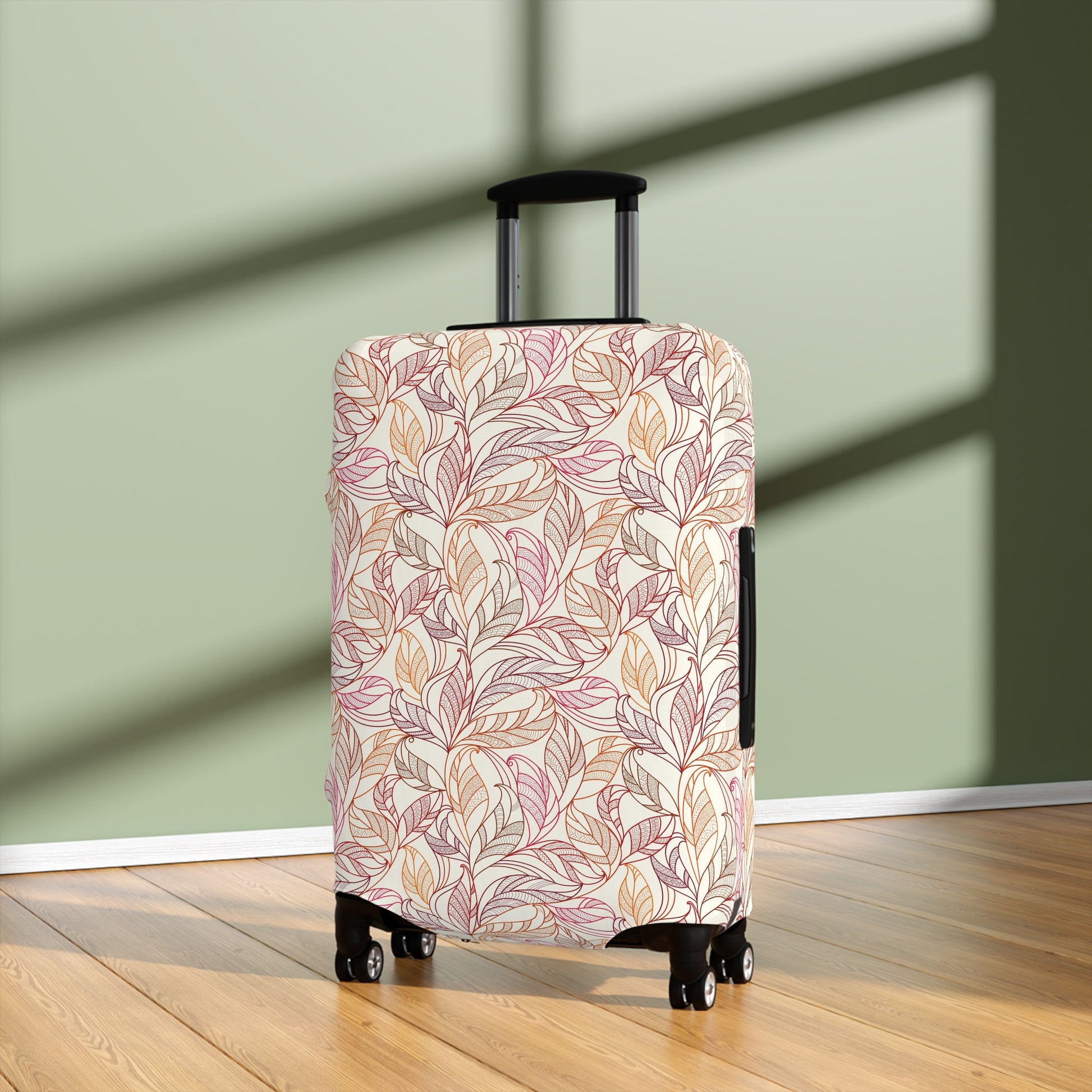 Andalusian Botanica terracotta botanical stretch luggage cover with flowing leaf pattern on rolling suitcase