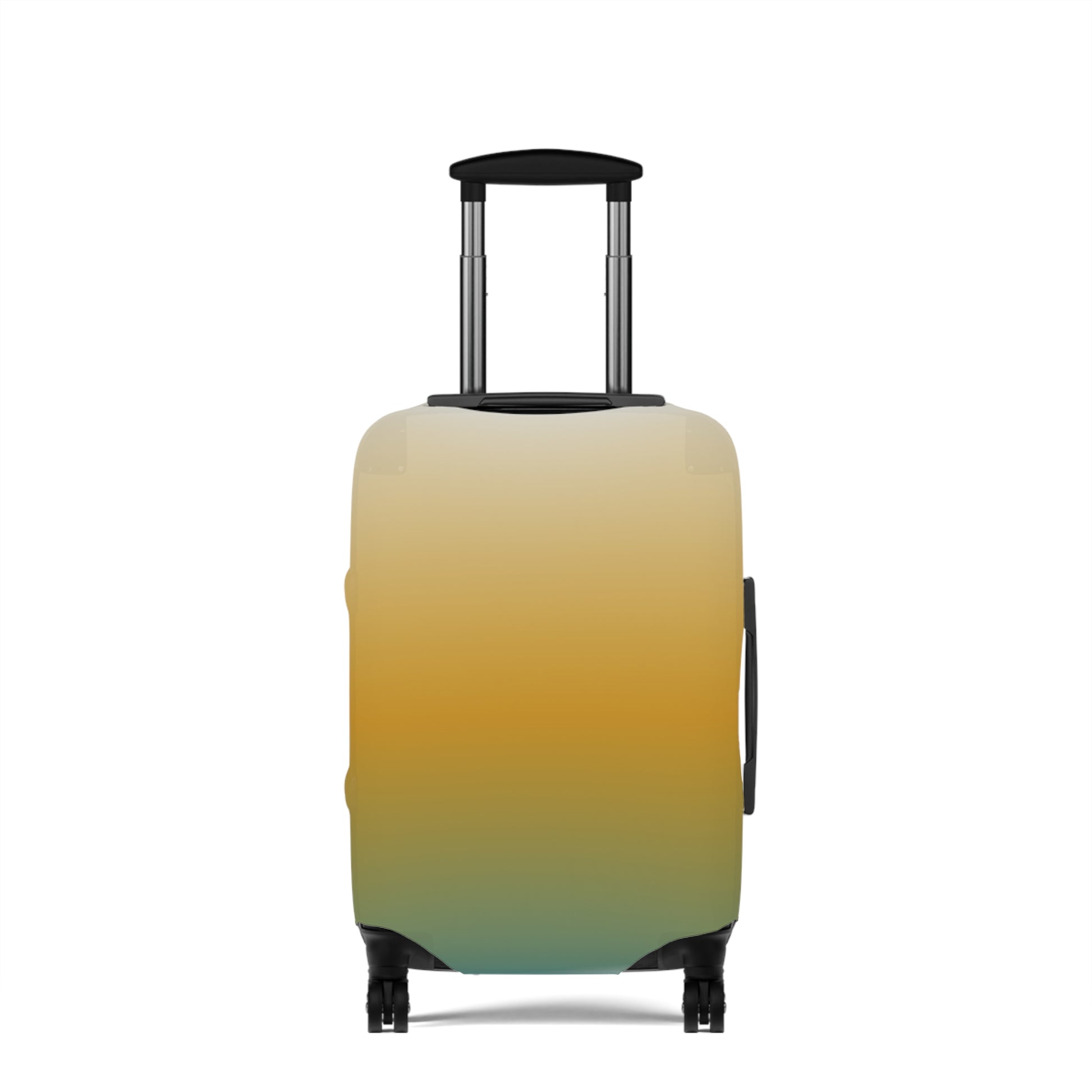 Baja Sunset gradient stretch luggage cover in golden amber and teal fitted on hard shell rolling suitcase