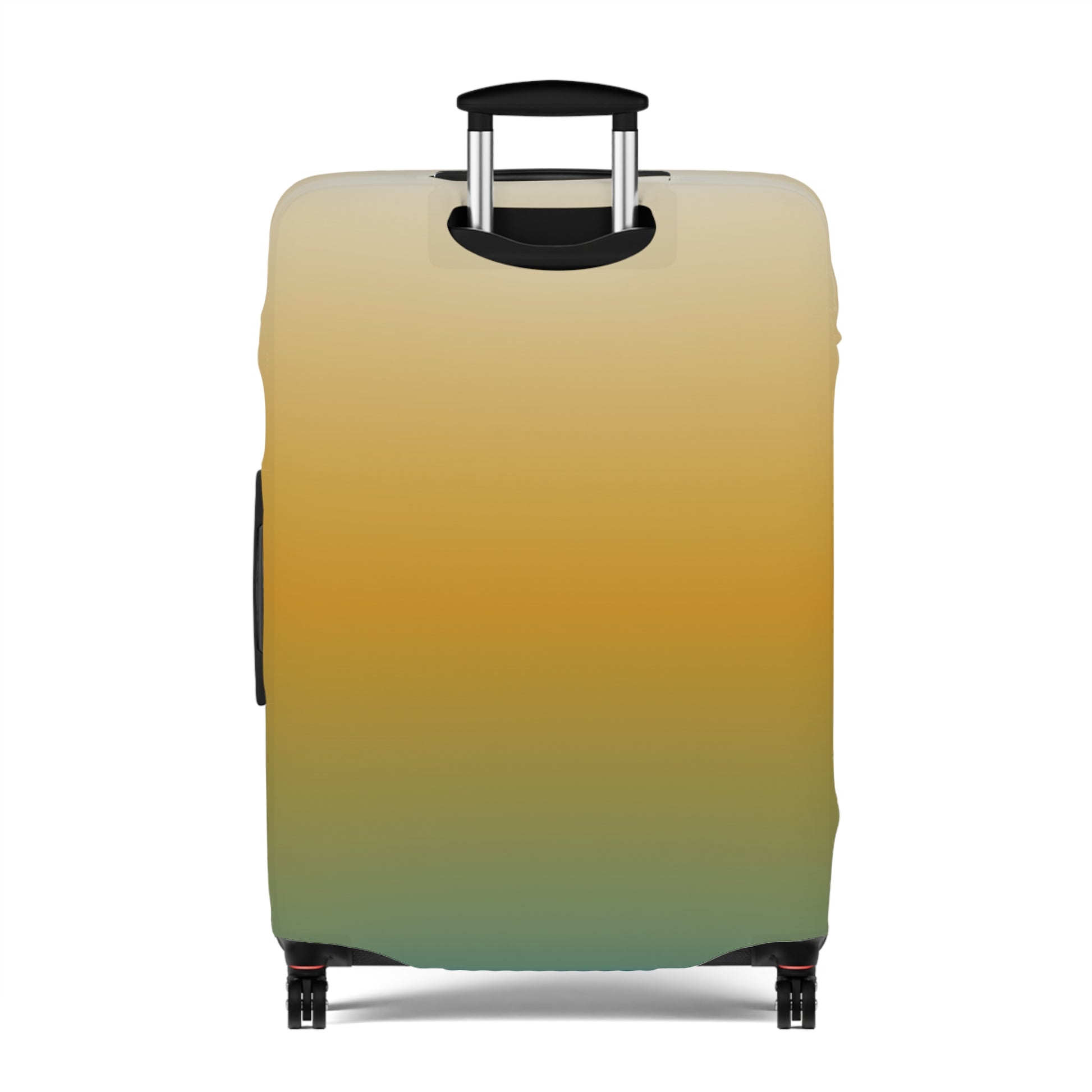 Baja Sunset gradient stretch luggage cover in golden amber and teal fitted on hard shell rolling suitcase