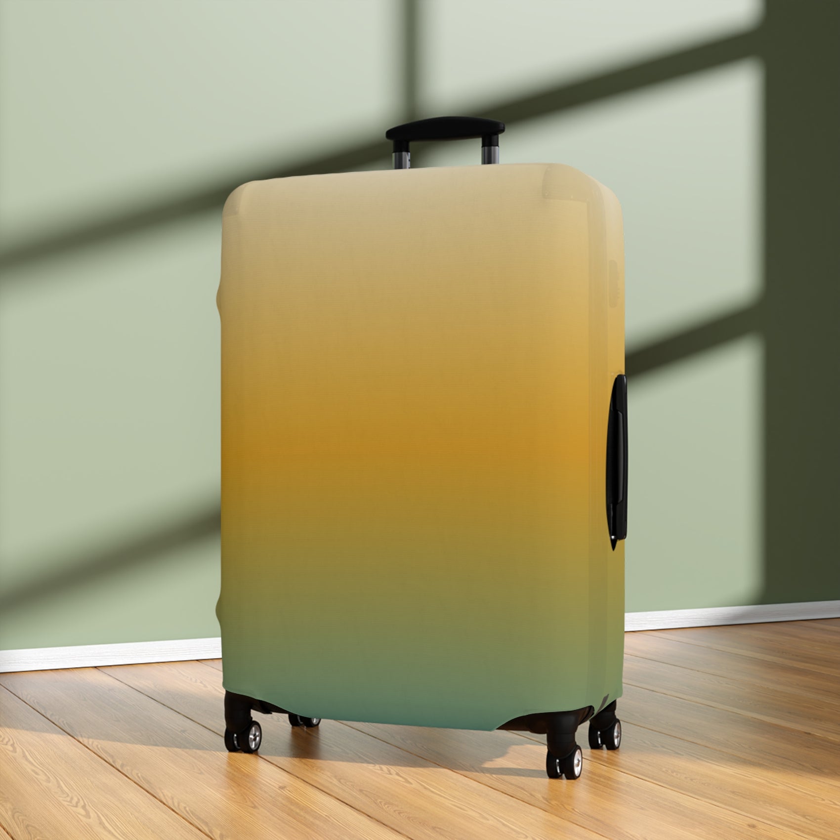 Baja Sunset gradient stretch luggage cover in golden amber and teal fitted on hard shell rolling suitcase