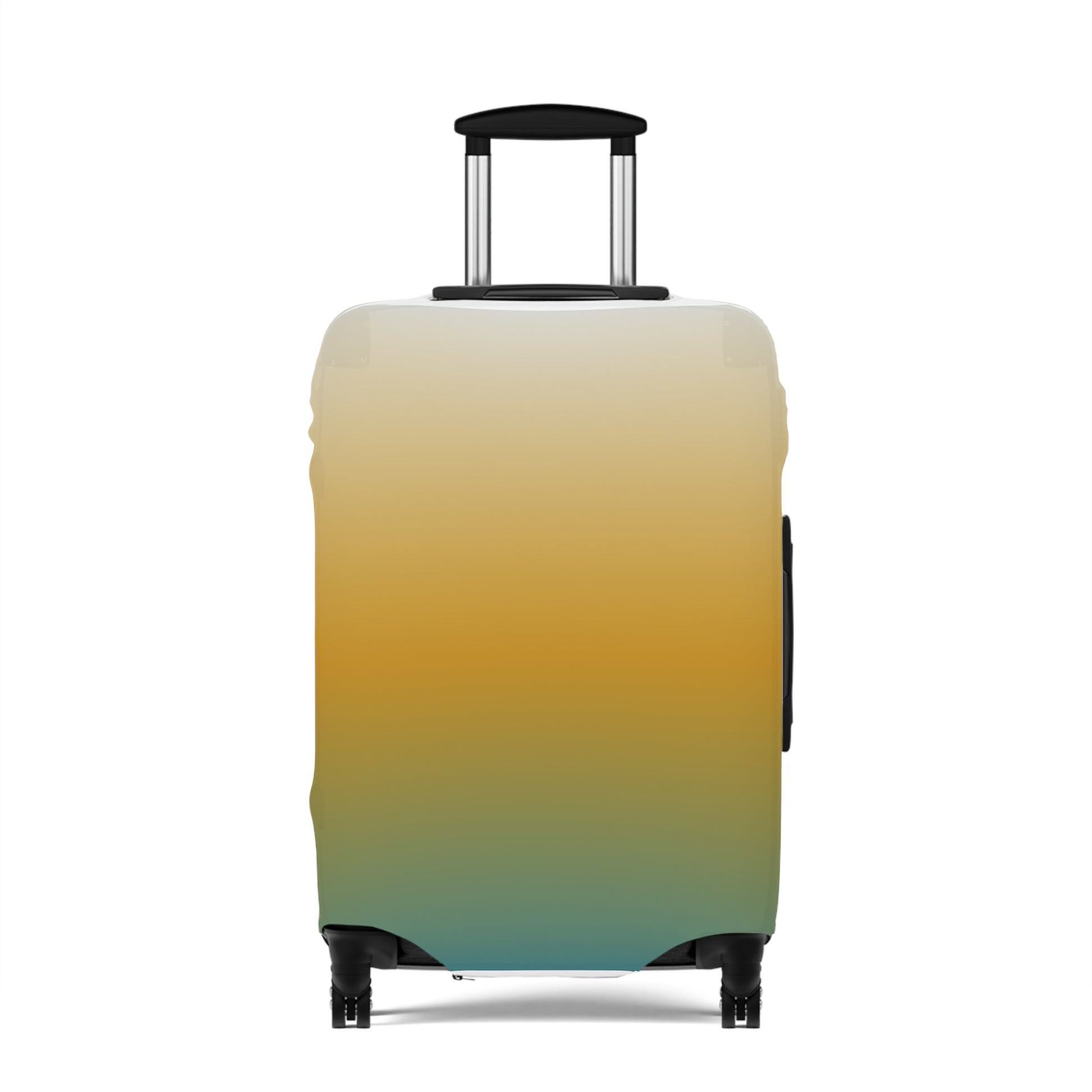 Baja Sunset gradient stretch luggage cover in golden amber and teal fitted on hard shell rolling suitcase