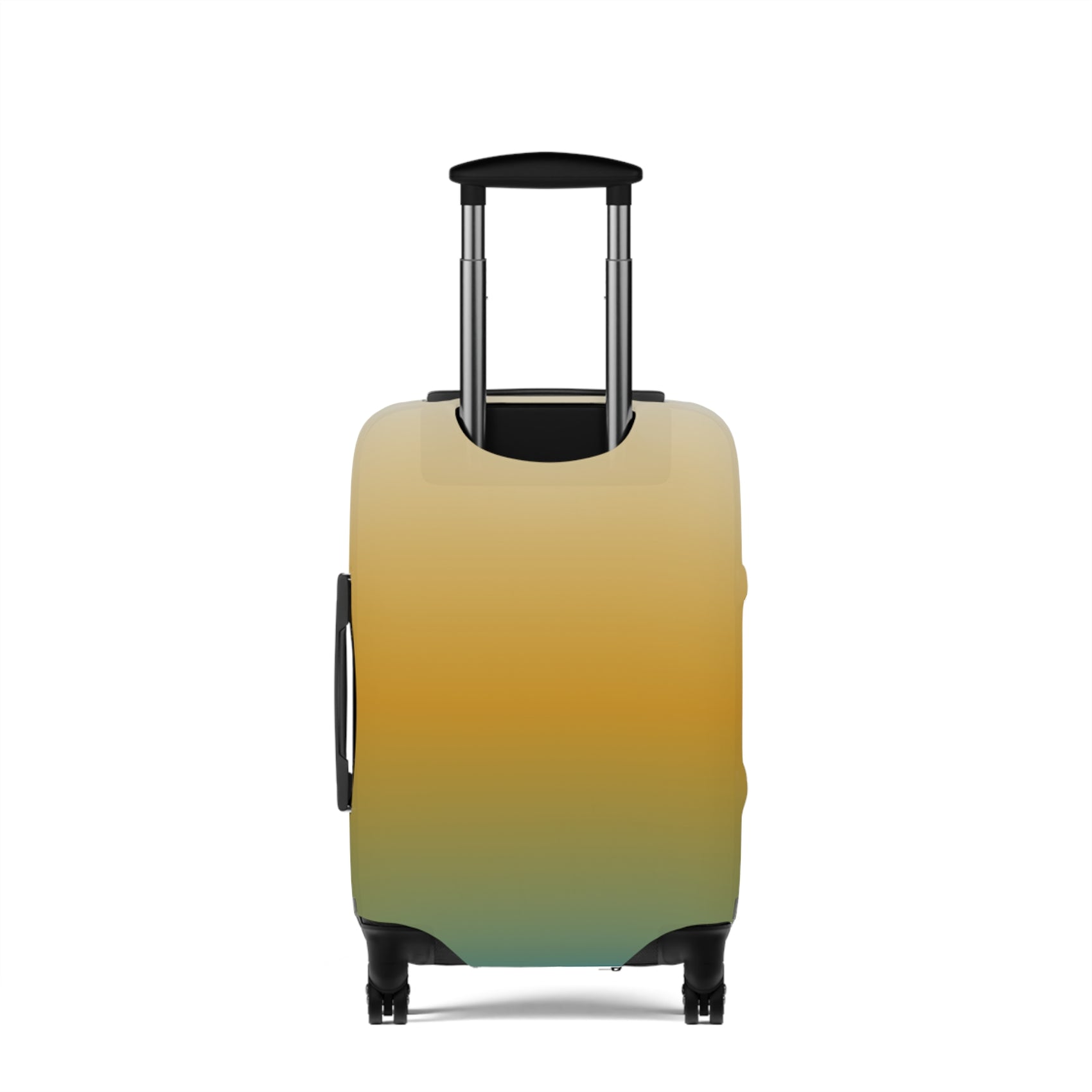 Baja Sunset gradient stretch luggage cover in golden amber and teal fitted on hard shell rolling suitcase