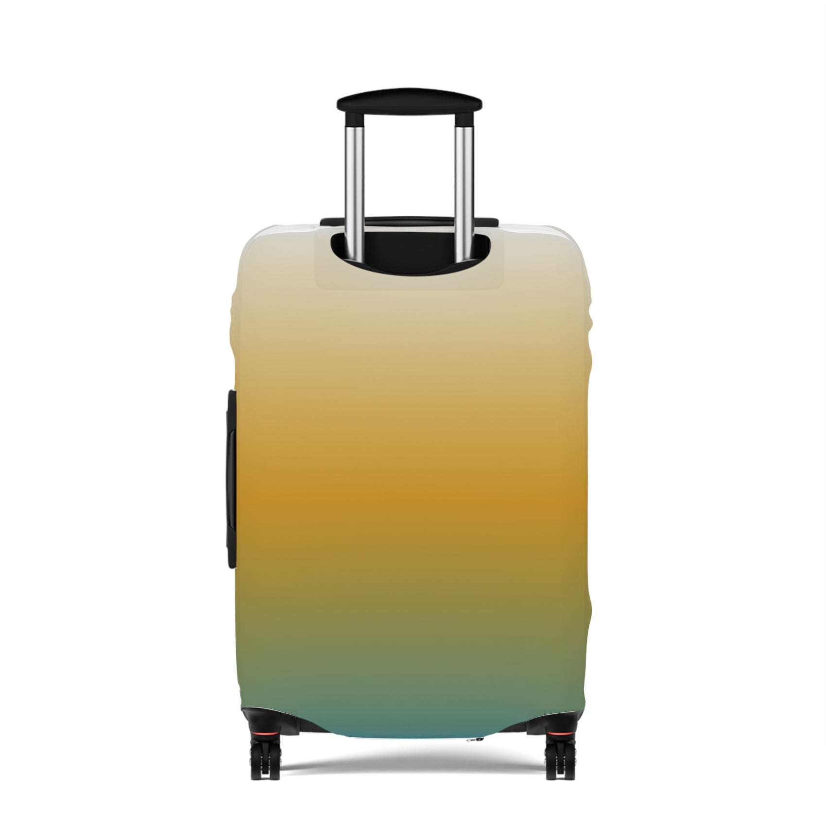 Baja Sunset gradient stretch luggage cover in golden amber and teal fitted on hard shell rolling suitcase