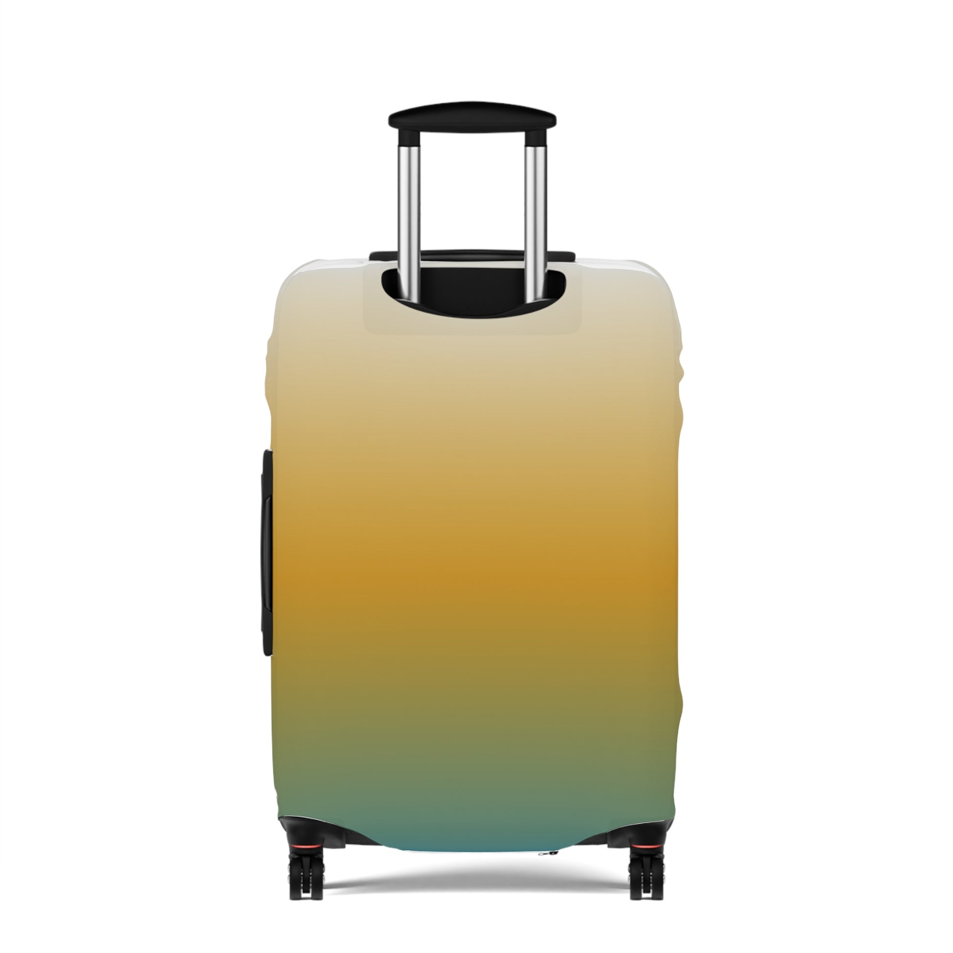 Baja Sunset gradient stretch luggage cover in golden amber and teal fitted on hard shell rolling suitcase