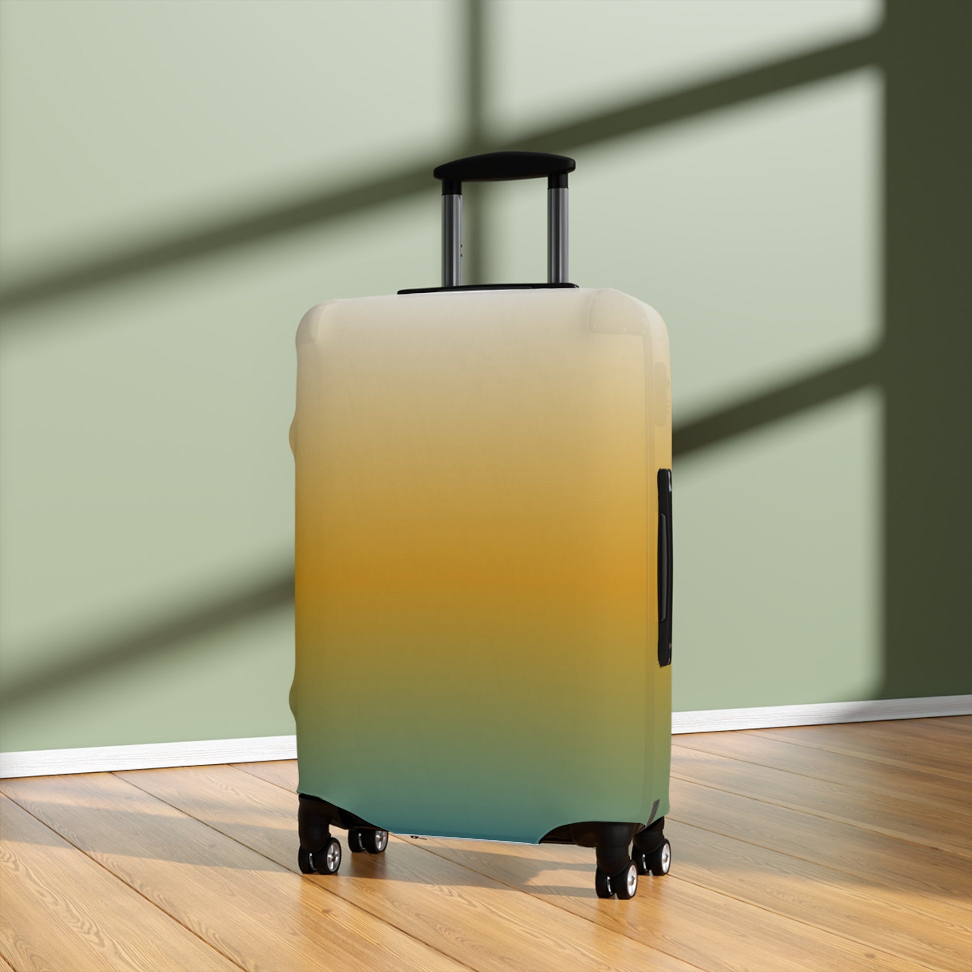 Baja Sunset gradient stretch luggage cover in golden amber and teal fitted on hard shell rolling suitcase