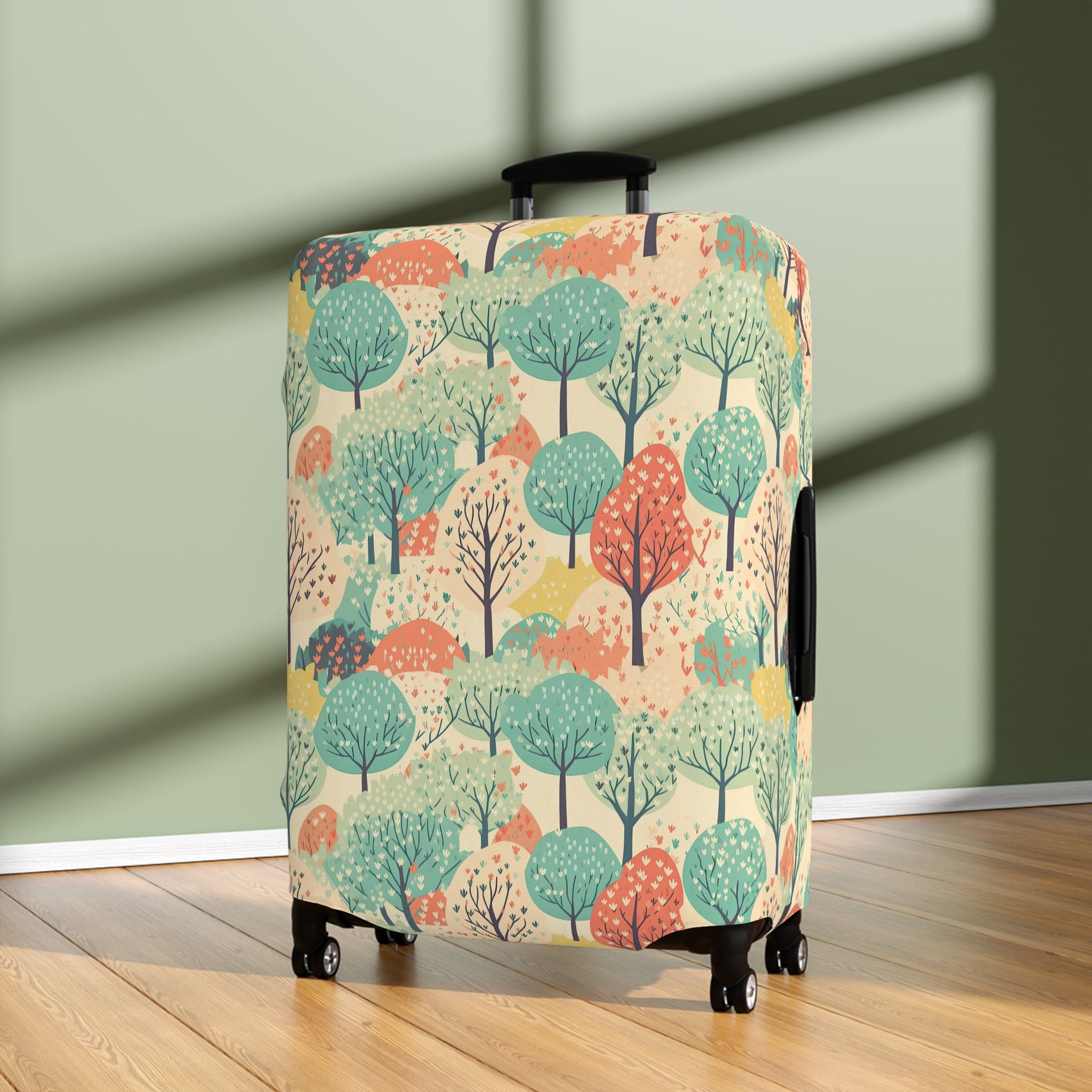 Bavarian Storybook spring countryside stretch luggage cover with meadow trees and blossoms