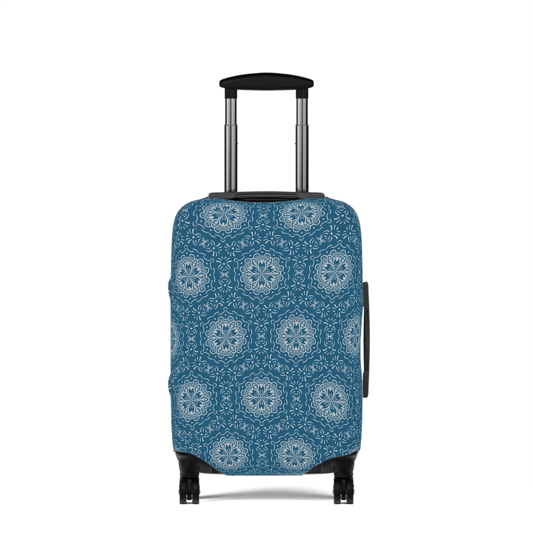 Blue BoHo stretch luggage cover with white mandala pattern fitted on rolling suitcase
