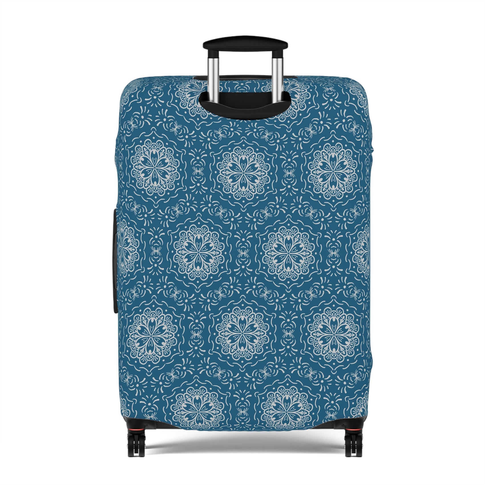 Blue BoHo stretch luggage cover with white mandala pattern fitted on rolling suitcase