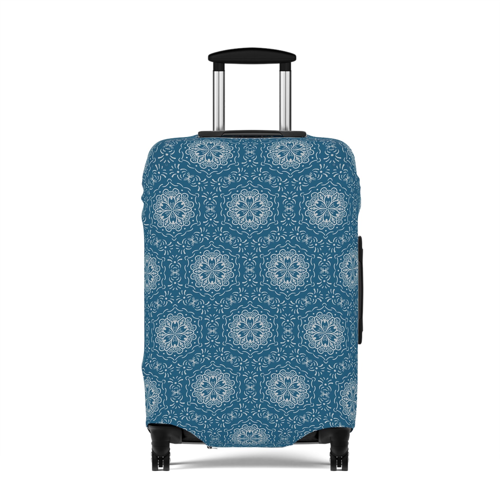 Blue BoHo stretch luggage cover with white mandala pattern fitted on rolling suitcase