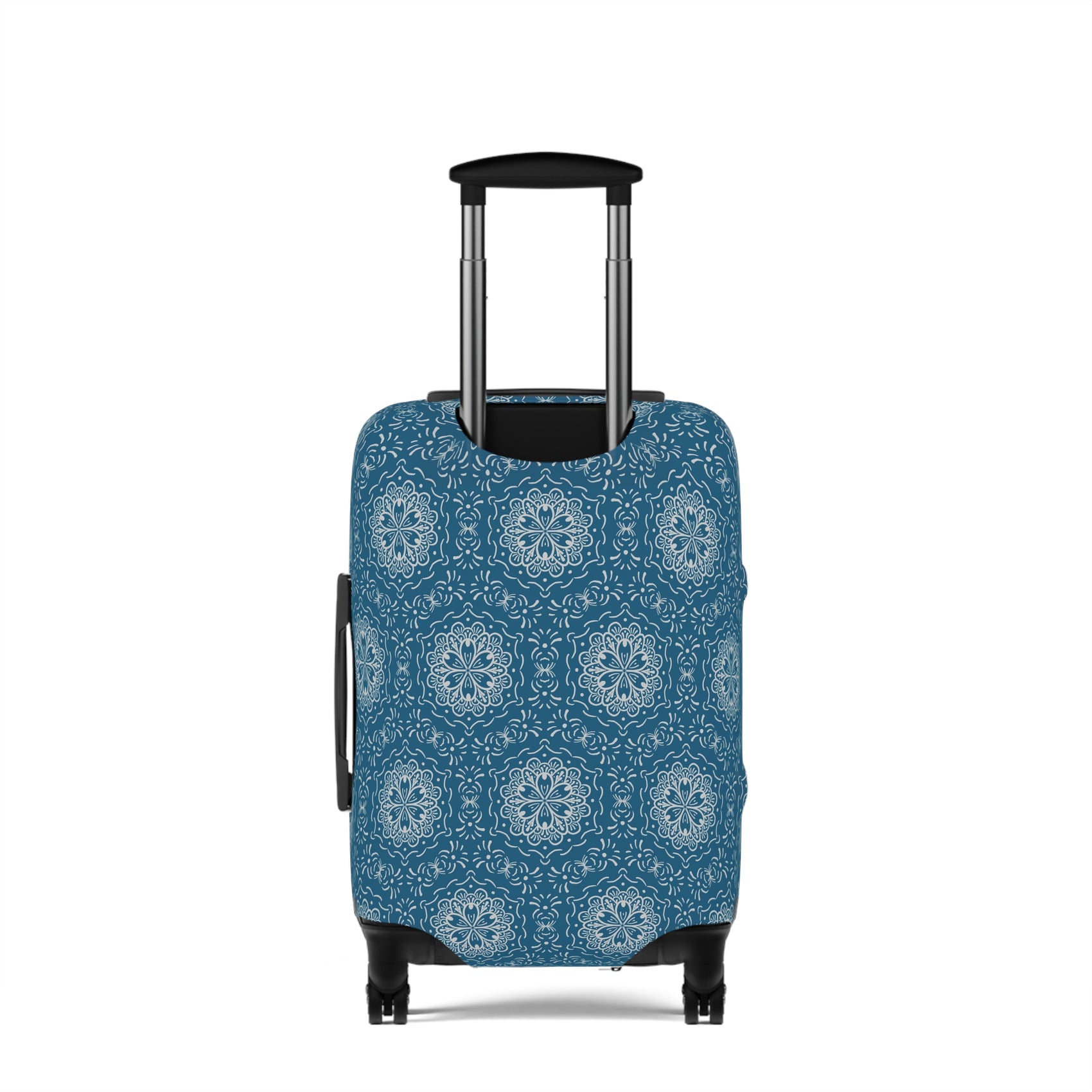 Blue BoHo stretch luggage cover with white mandala pattern fitted on rolling suitcase