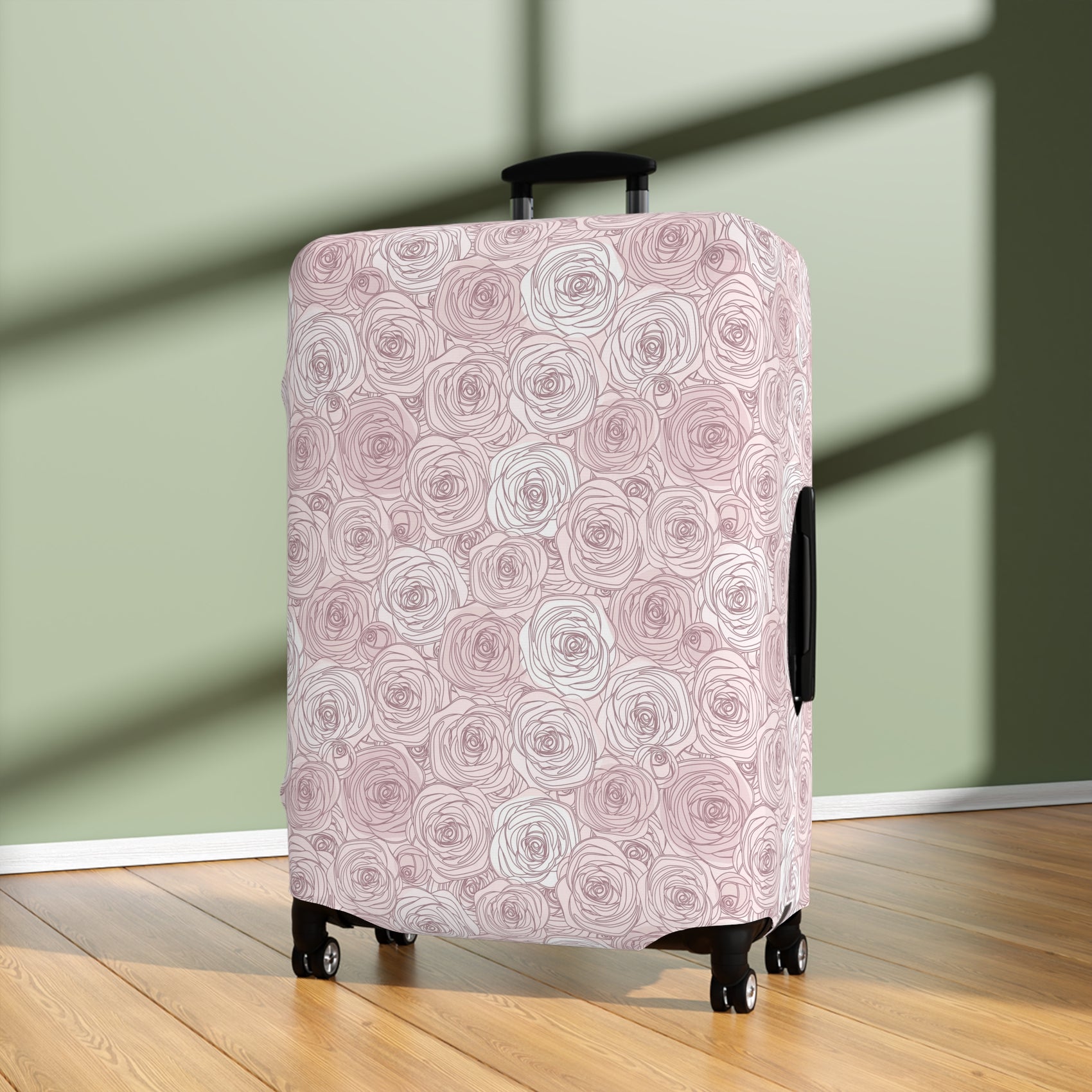 Bulgarian Rose blush pink floral stretch luggage cover with delicate rose outline pattern