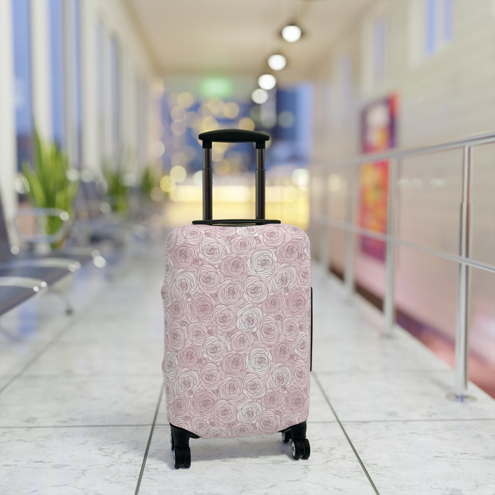Bulgarian Rose blush pink floral stretch luggage cover with delicate rose outline pattern