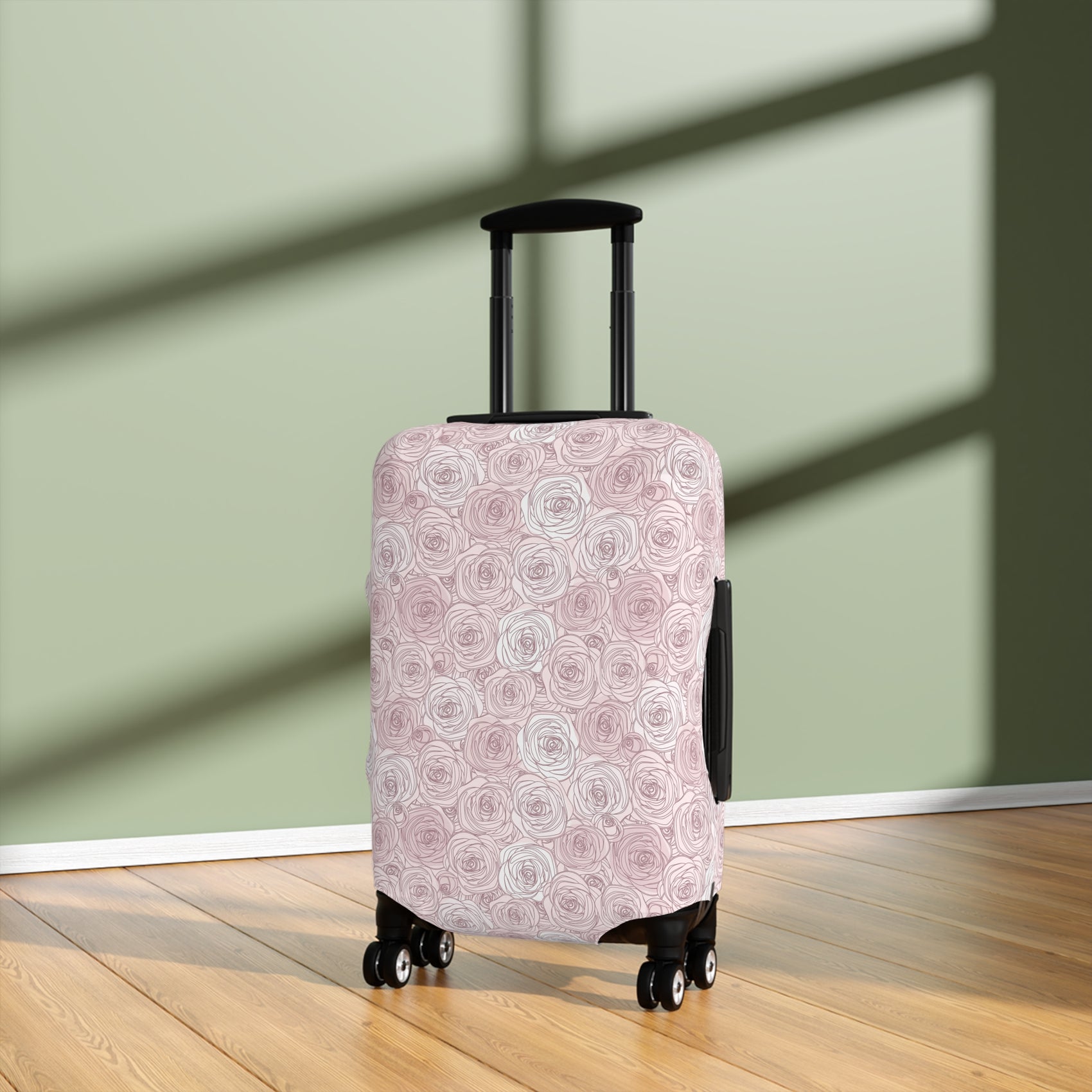 Bulgarian Rose blush pink floral stretch luggage cover with delicate rose outline pattern