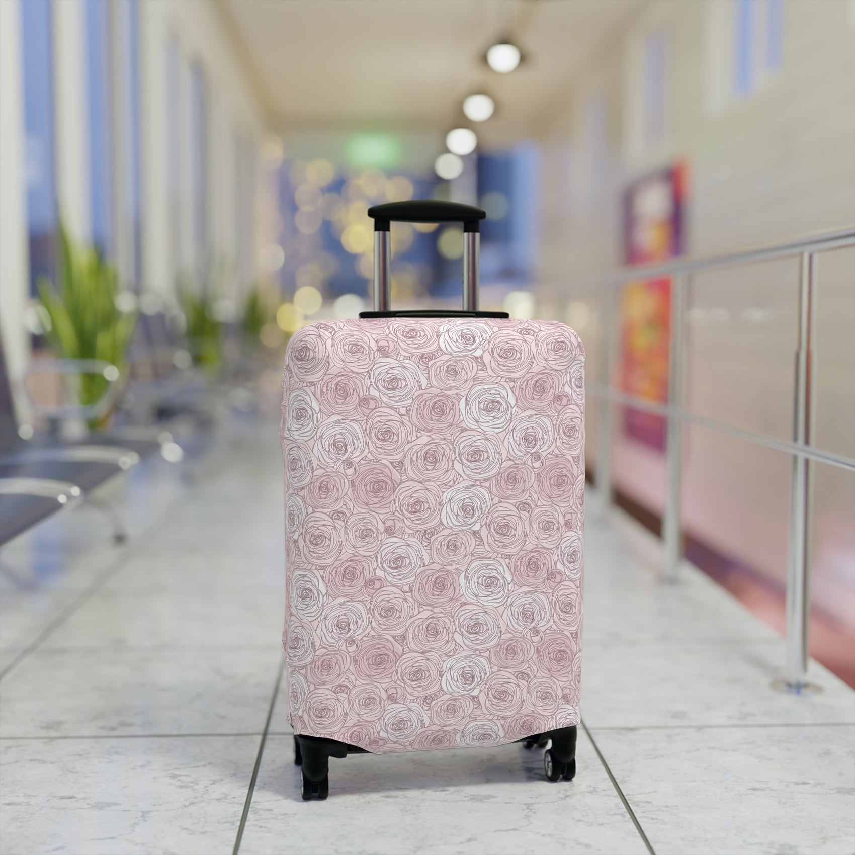 Bulgarian Rose blush pink floral stretch luggage cover with delicate rose outline pattern