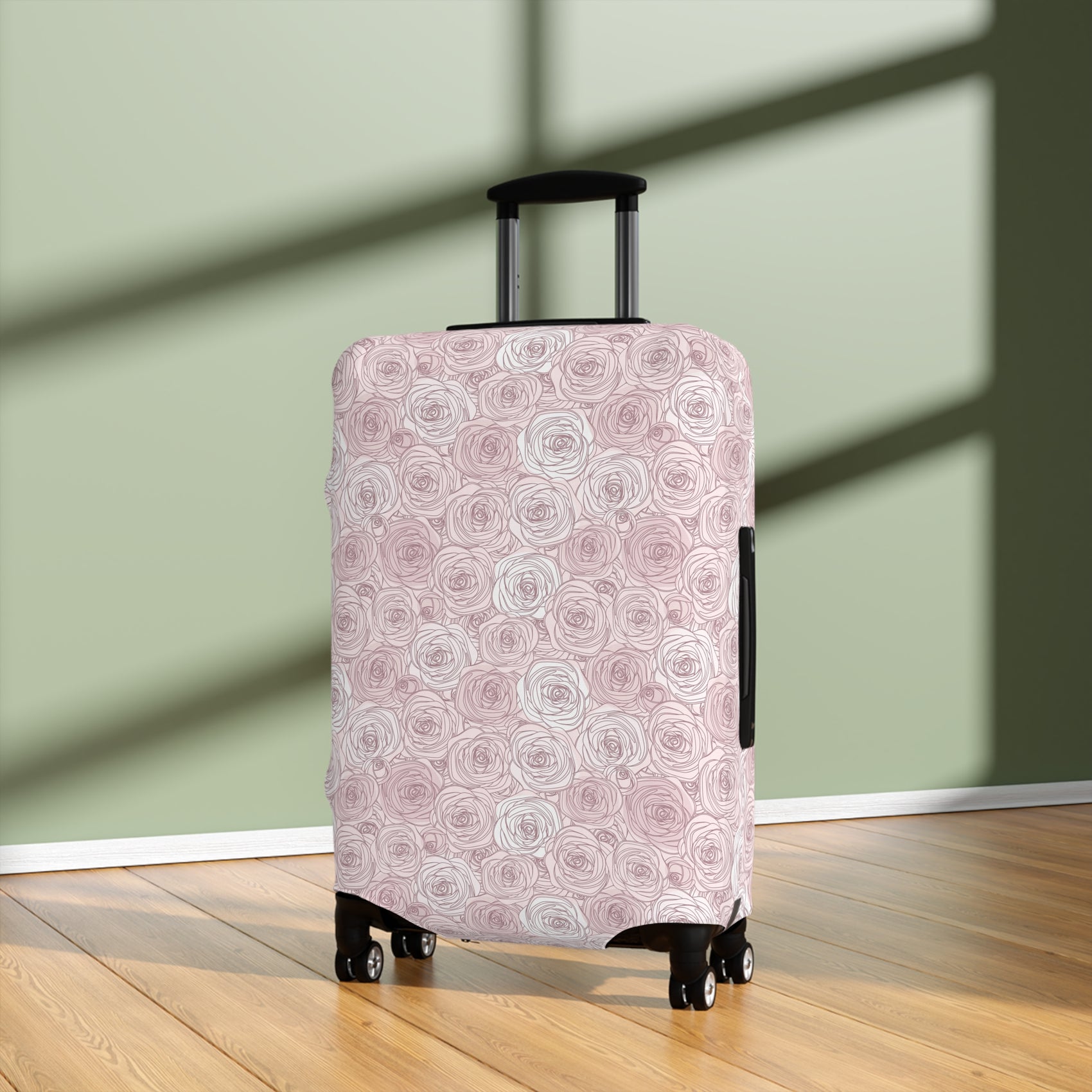 Bulgarian Rose blush pink floral stretch luggage cover with delicate rose outline pattern