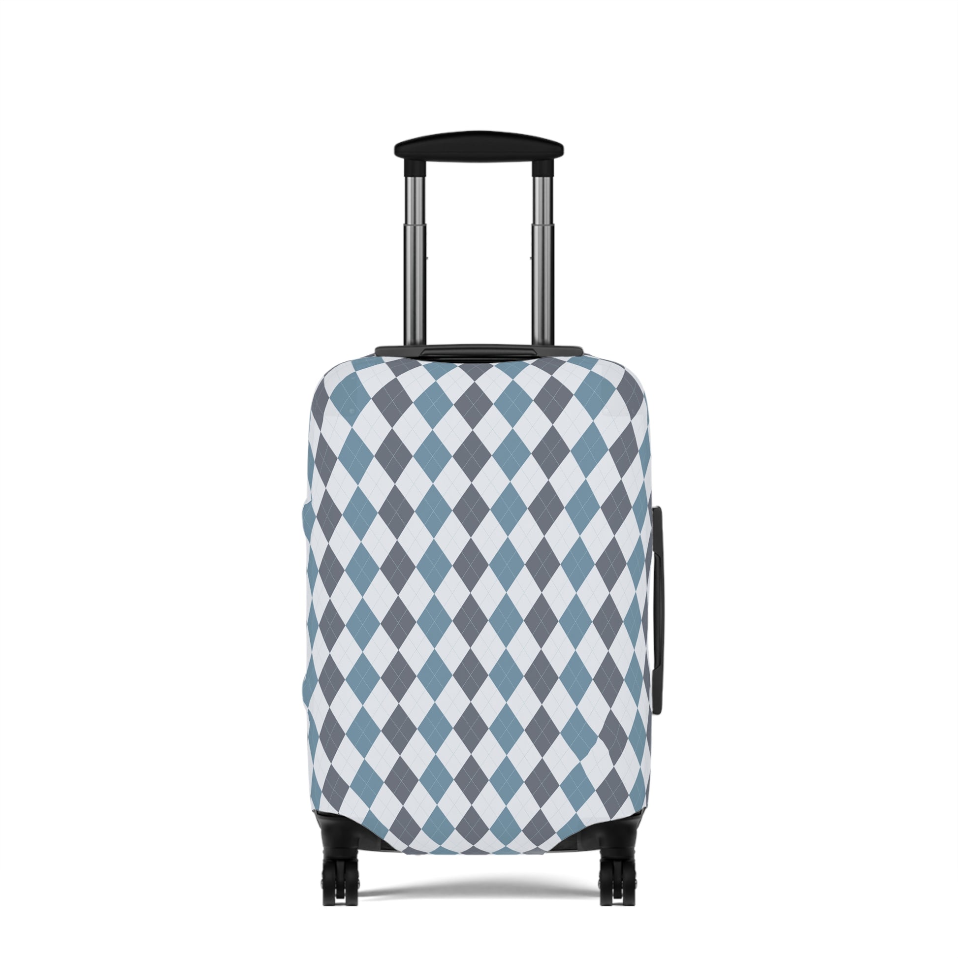 Caledonia Drift blue gray argyle stretch luggage cover with diamond pattern on rolling suitcase