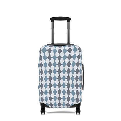 Caledonia Drift blue gray argyle stretch luggage cover with diamond pattern on rolling suitcase