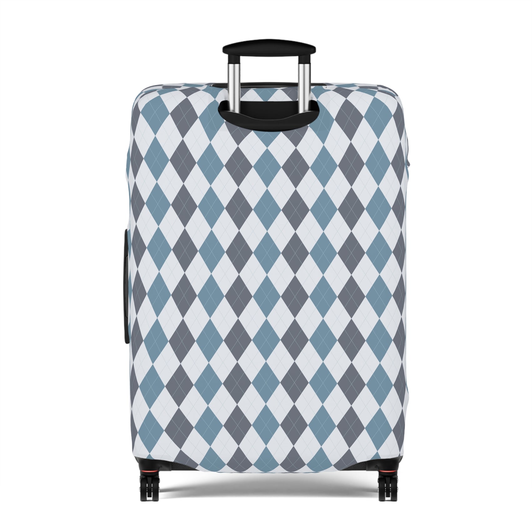 Caledonia Drift blue gray argyle stretch luggage cover with diamond pattern on rolling suitcase