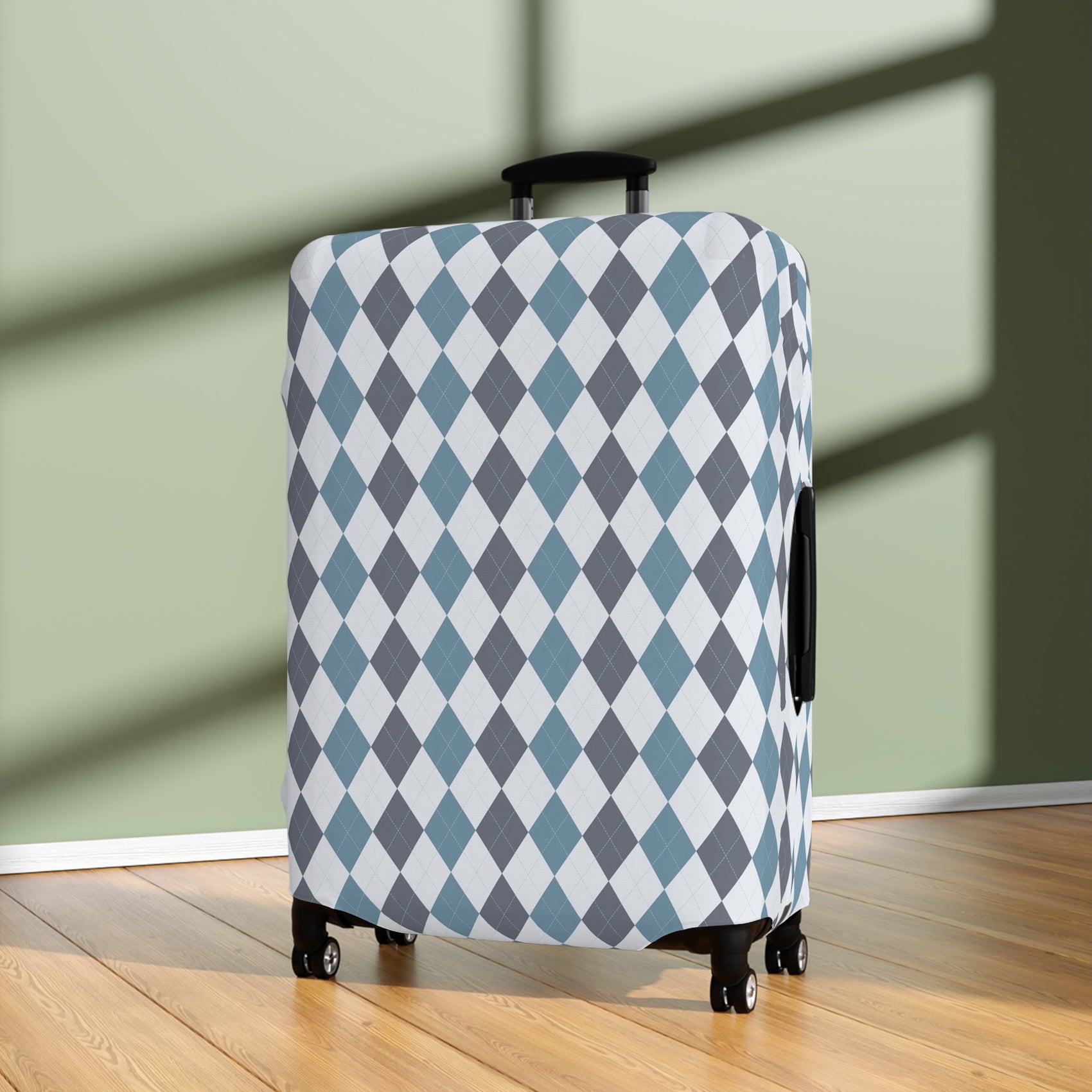 Caledonia Drift blue gray argyle stretch luggage cover with diamond pattern on rolling suitcase