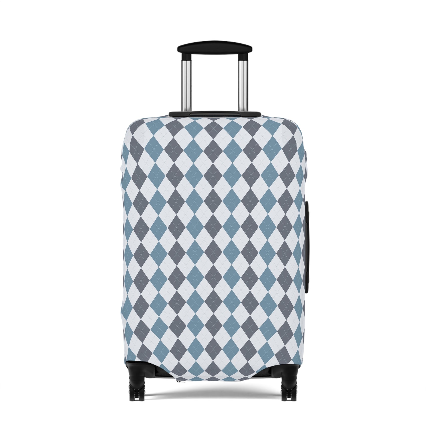 Caledonia Drift blue gray argyle stretch luggage cover with diamond pattern on rolling suitcase