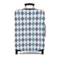Caledonia Drift blue gray argyle stretch luggage cover with diamond pattern on rolling suitcase