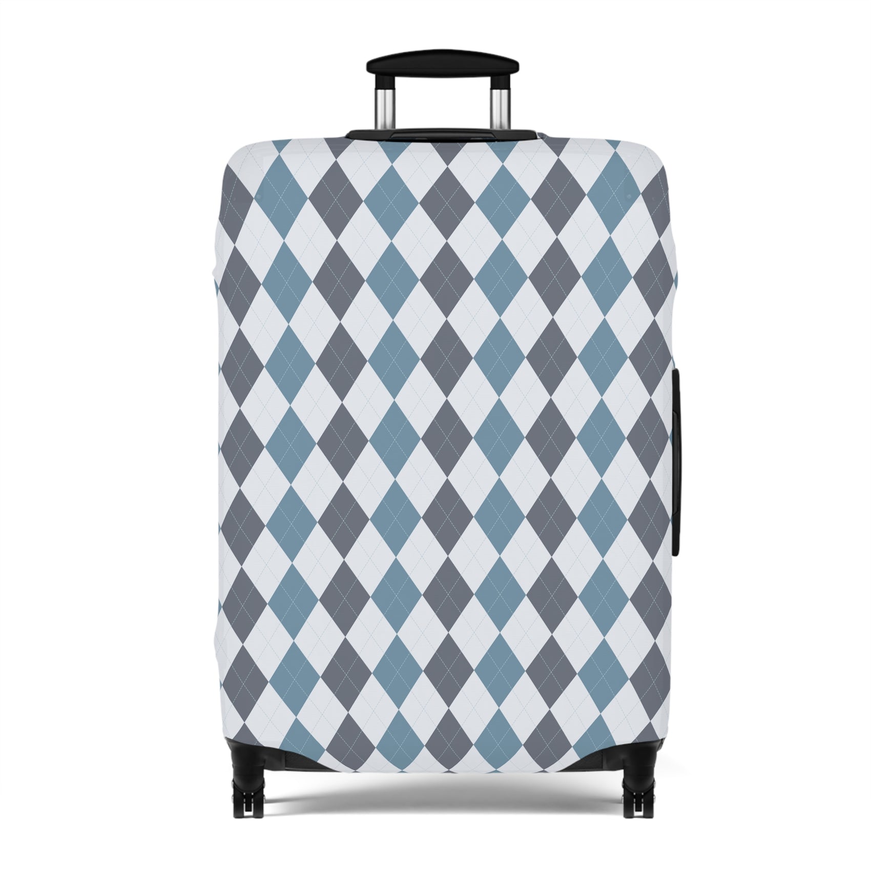 Caledonia Drift blue gray argyle stretch luggage cover with diamond pattern on rolling suitcase