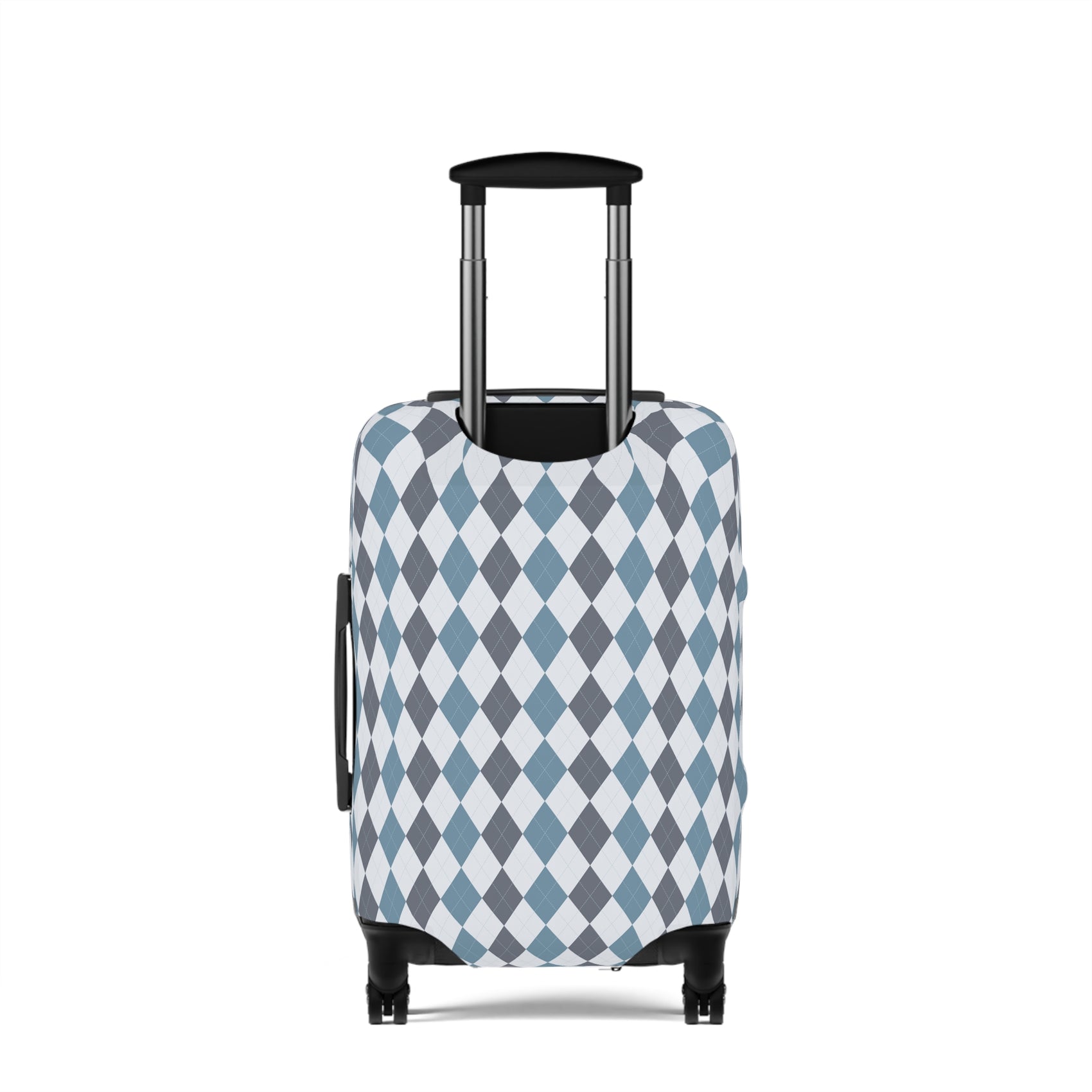 Caledonia Drift blue gray argyle stretch luggage cover with diamond pattern on rolling suitcase