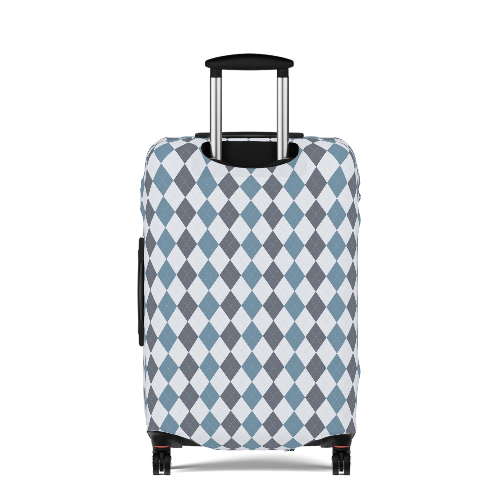 Caledonia Drift blue gray argyle stretch luggage cover with diamond pattern on rolling suitcase