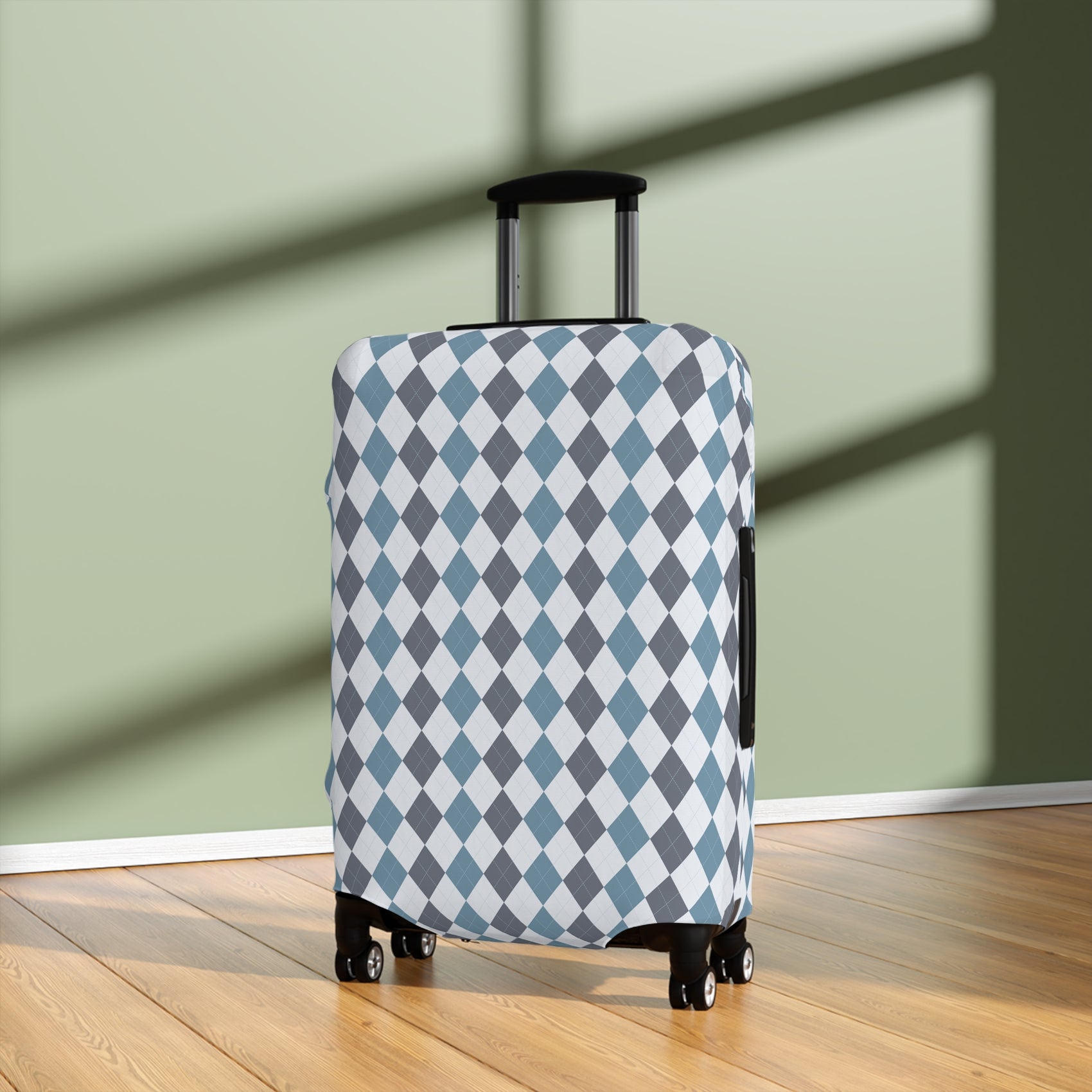 Caledonia Drift blue gray argyle stretch luggage cover with diamond pattern on rolling suitcase