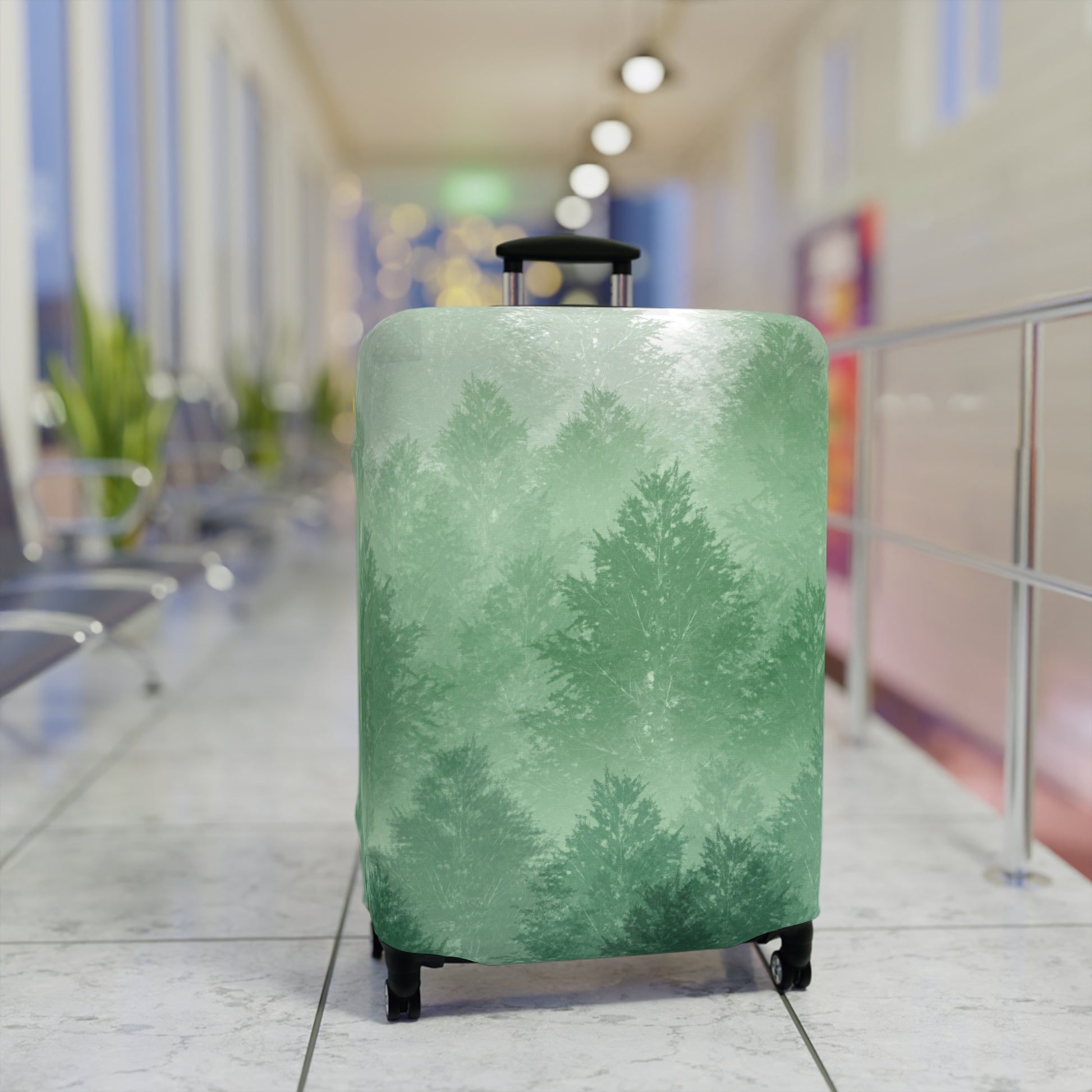 Carpathian Forest green pine landscape stretch luggage cover with layered misty trees