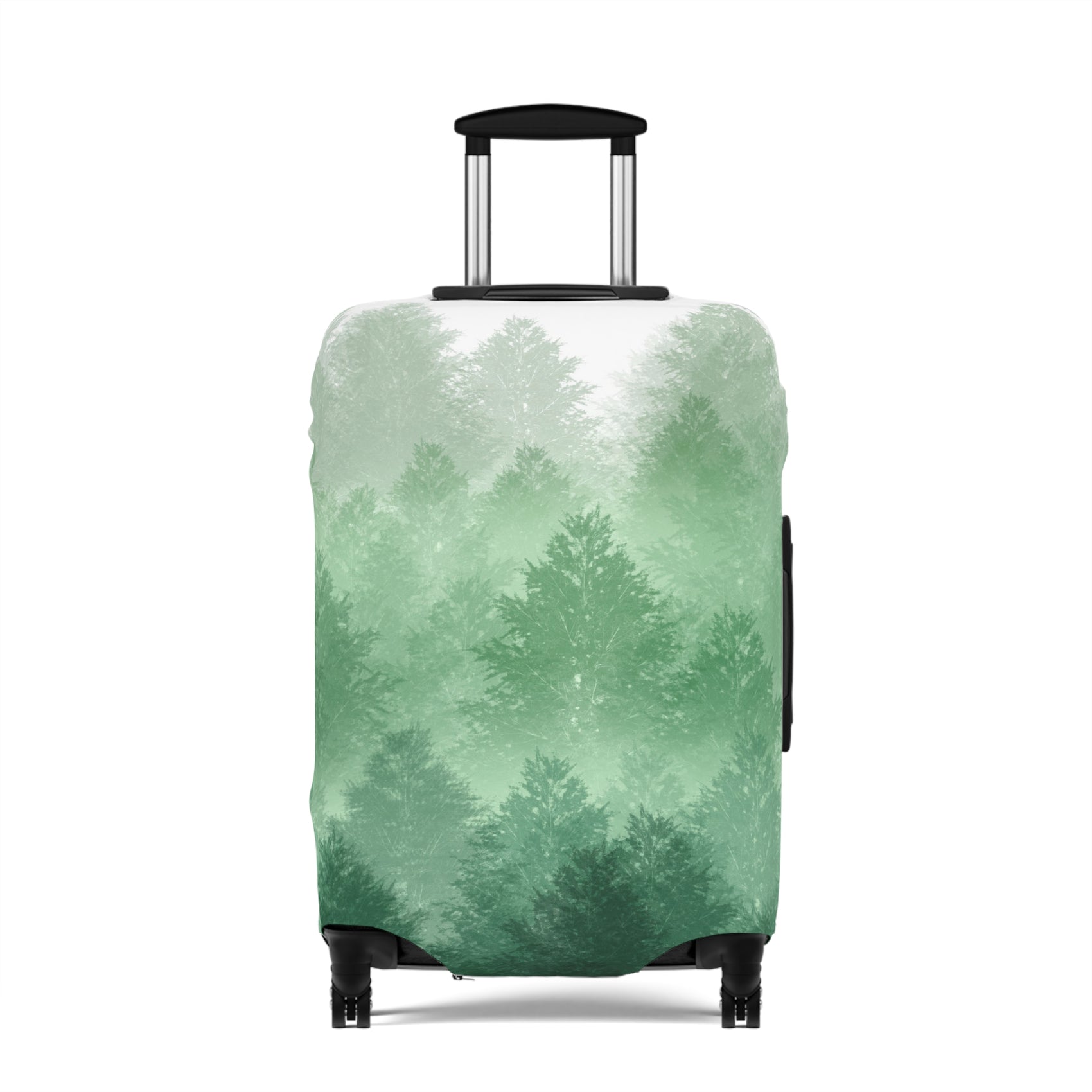 Carpathian Forest green pine landscape stretch luggage cover with layered misty trees