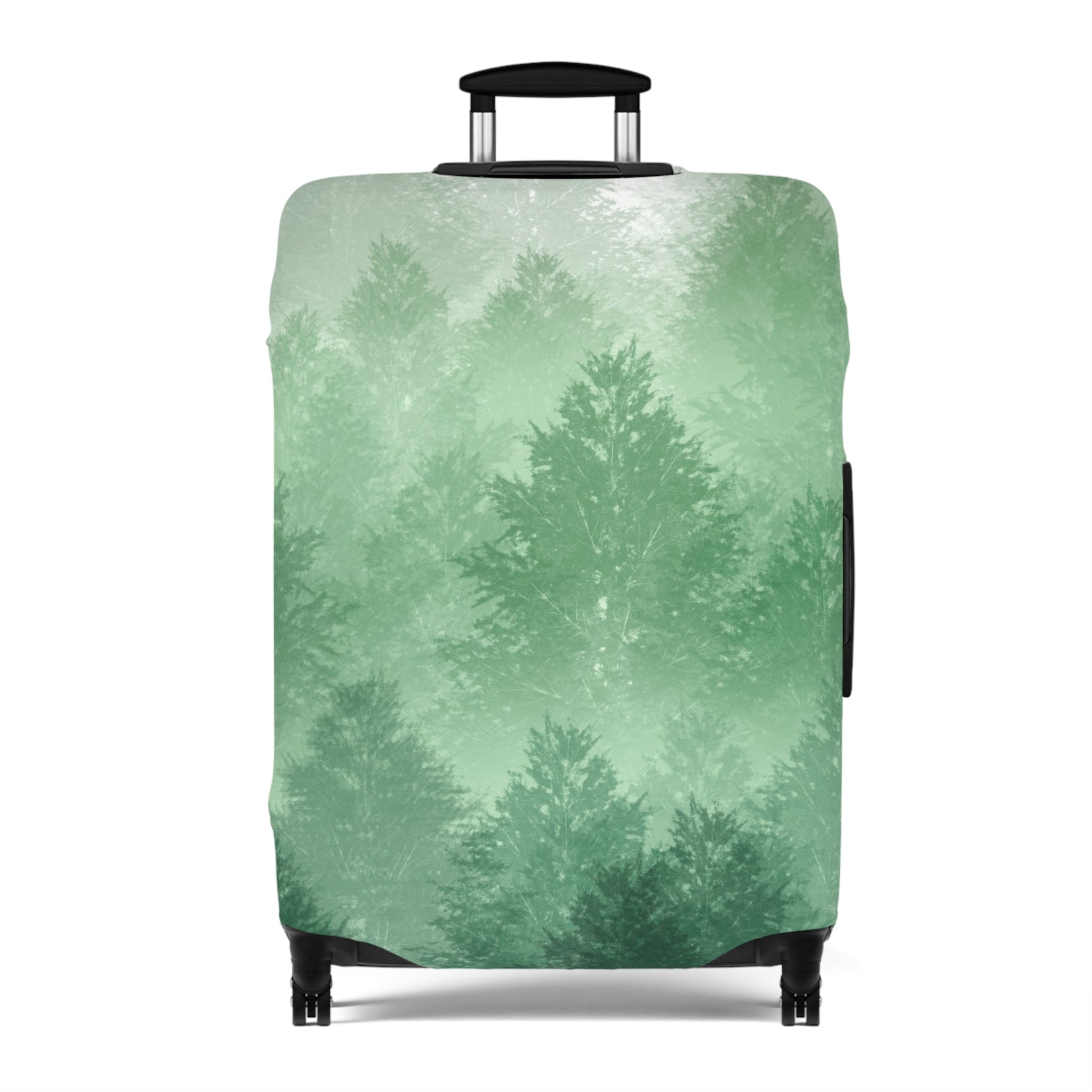 Carpathian Forest green pine landscape stretch luggage cover with layered misty trees