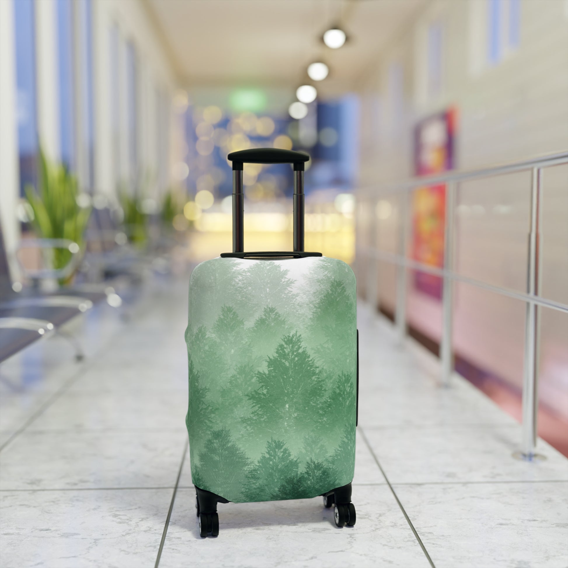 Carpathian Forest green pine landscape stretch luggage cover with layered misty trees