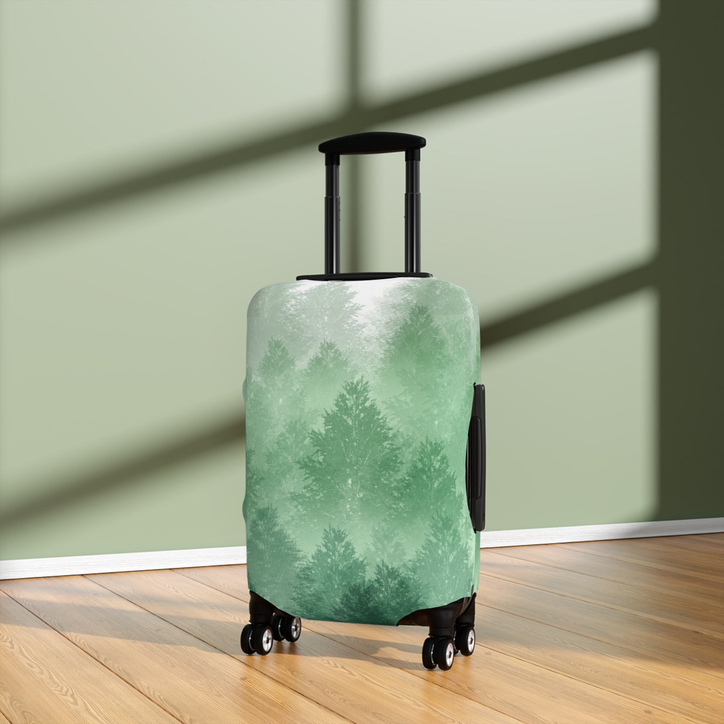 Carpathian Forest green pine landscape stretch luggage cover with layered misty trees