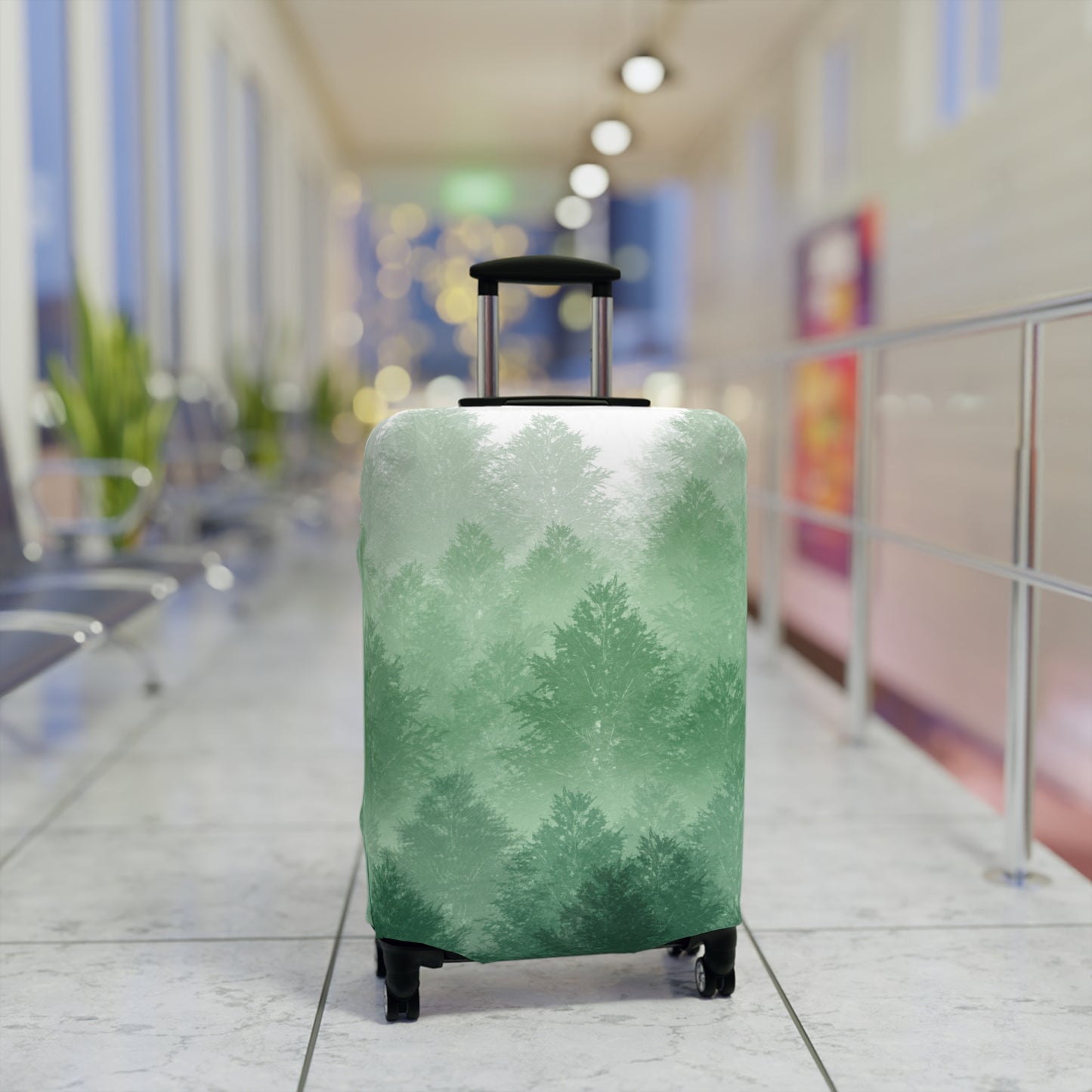 Carpathian Forest green pine landscape stretch luggage cover with layered misty trees