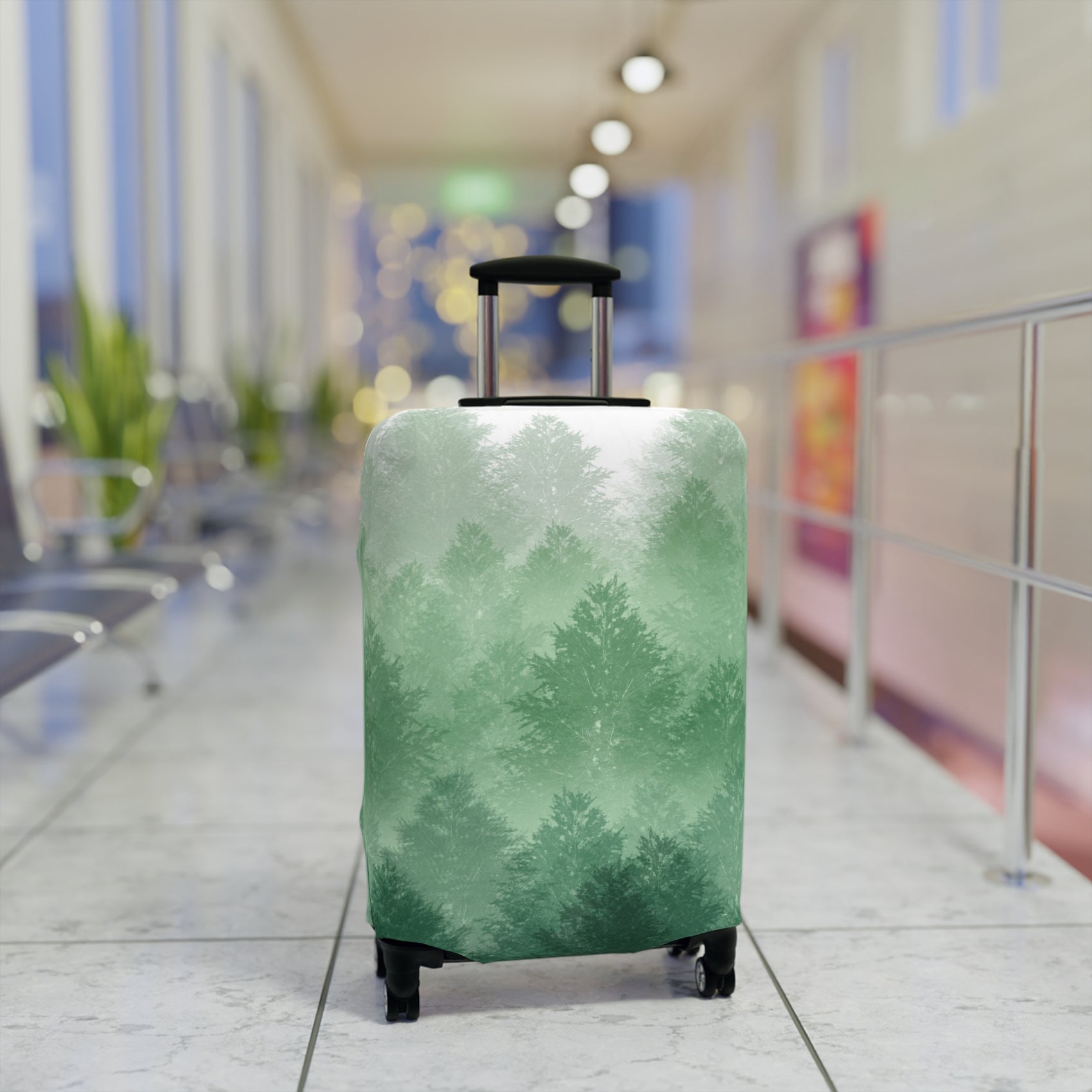 Carpathian Forest green pine landscape stretch luggage cover with layered misty trees