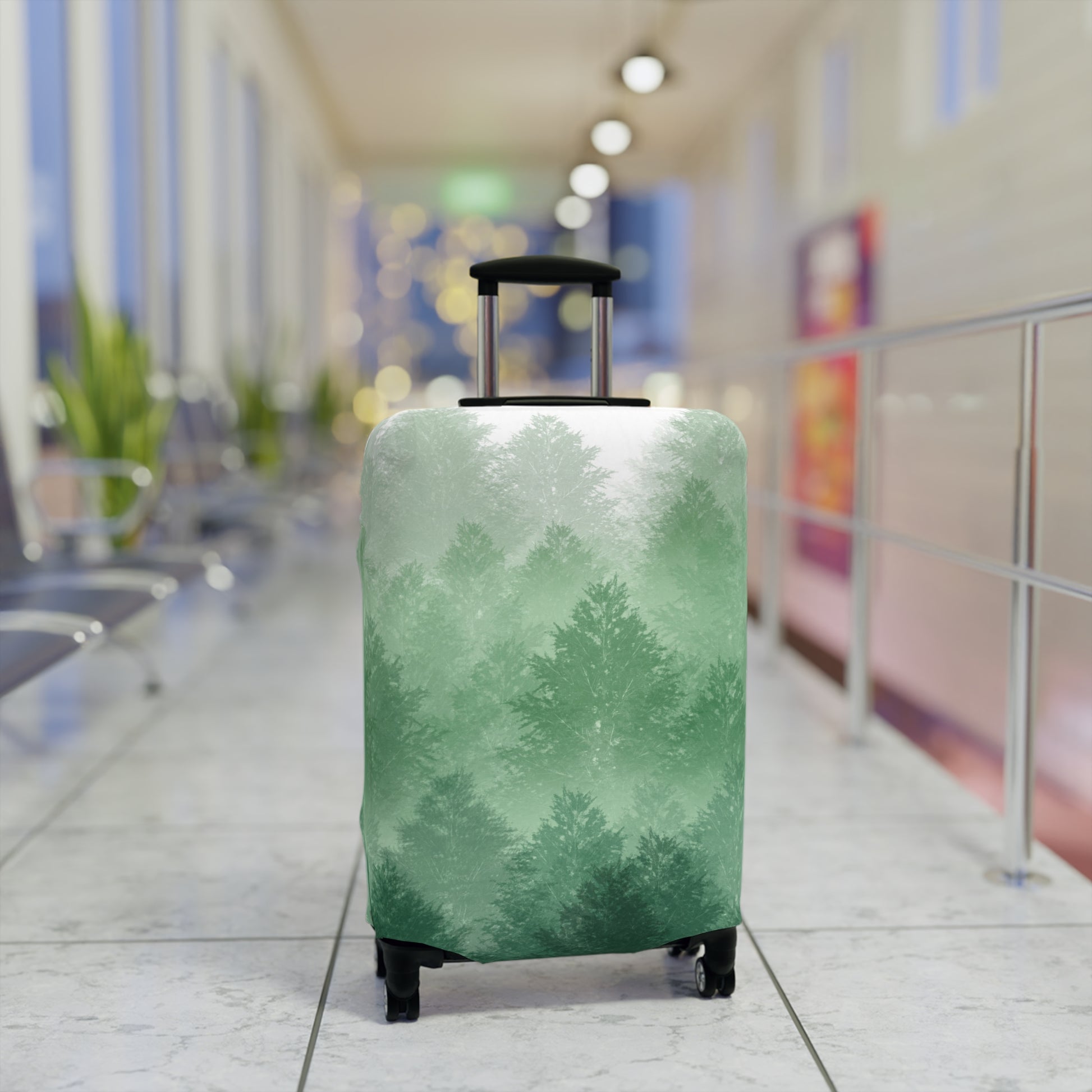 Carpathian Forest green pine landscape stretch luggage cover with layered misty trees