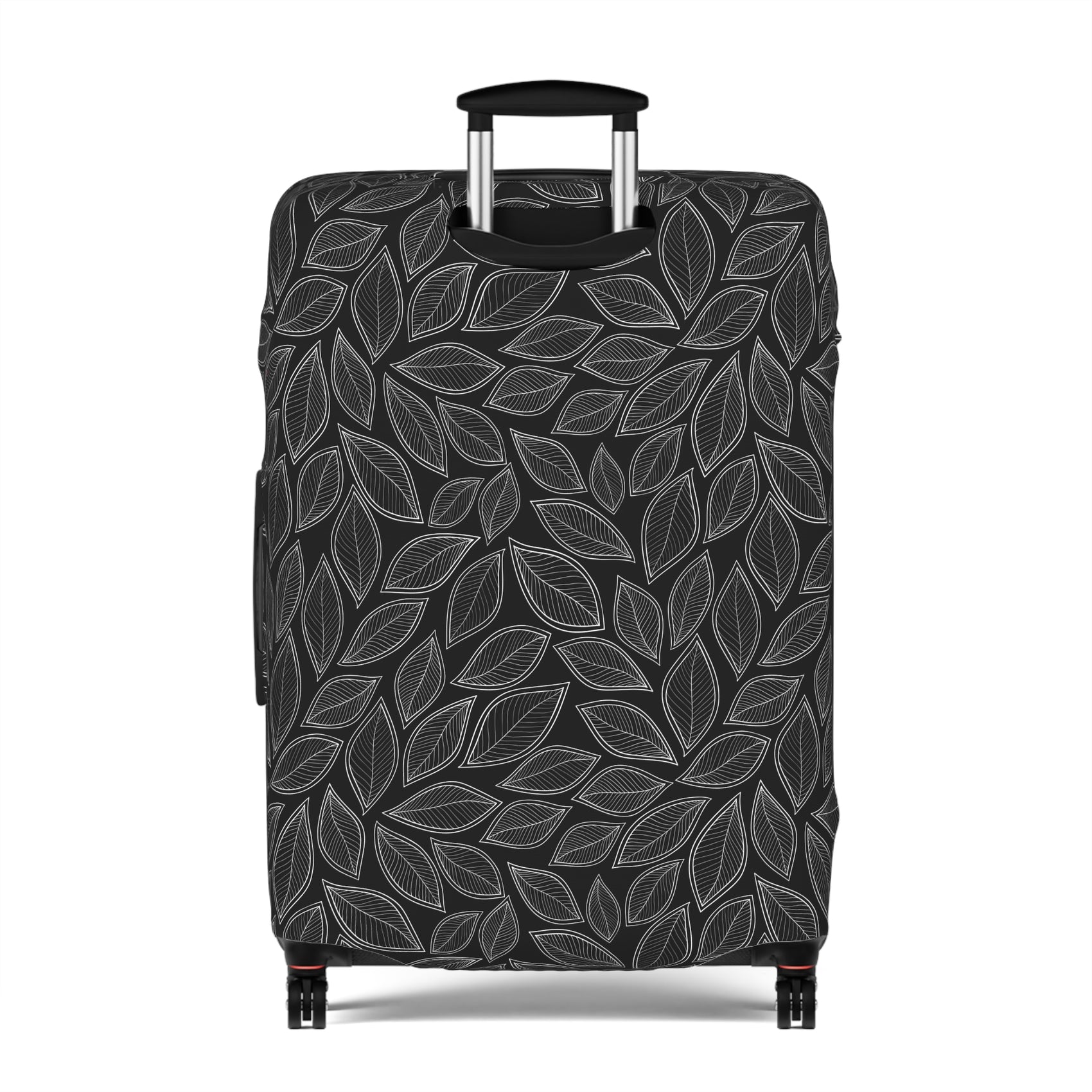 Central Park black stretch luggage cover with grey leaf pattern fitted on rolling suitcase
