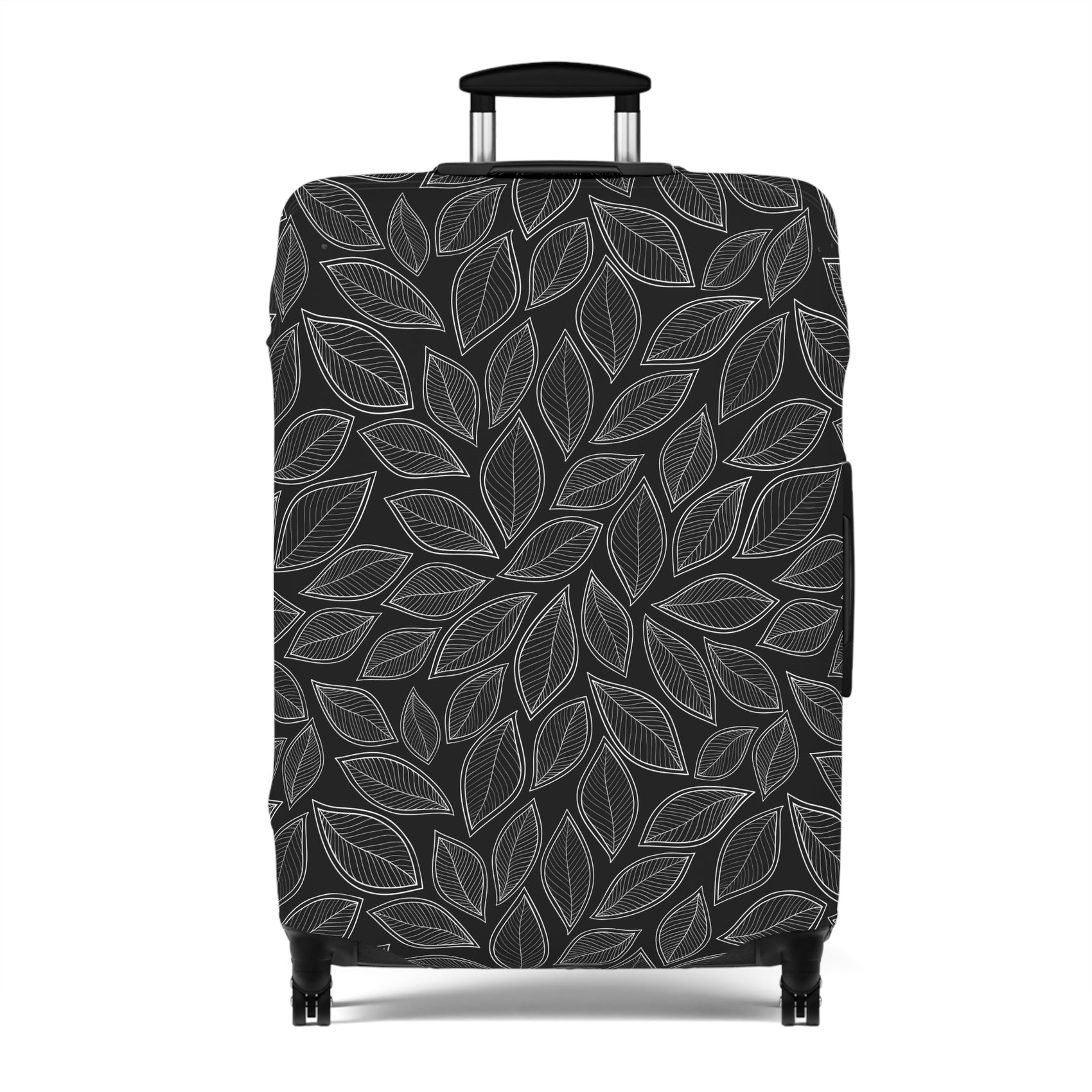 Central Park black stretch luggage cover with grey leaf pattern fitted on rolling suitcase