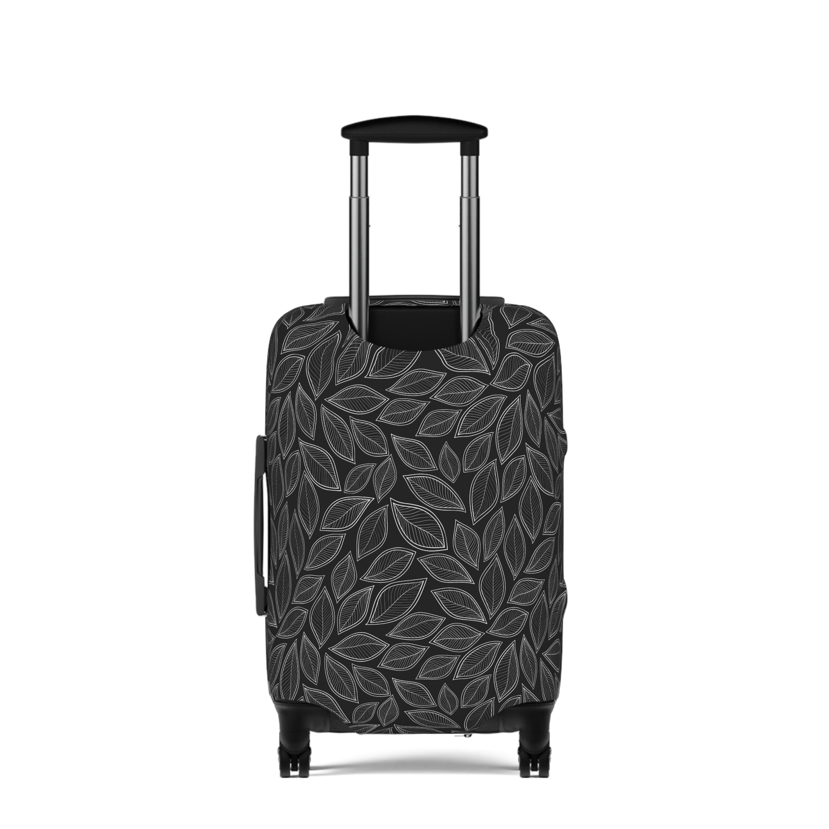 Central Park black stretch luggage cover with grey leaf pattern fitted on rolling suitcase